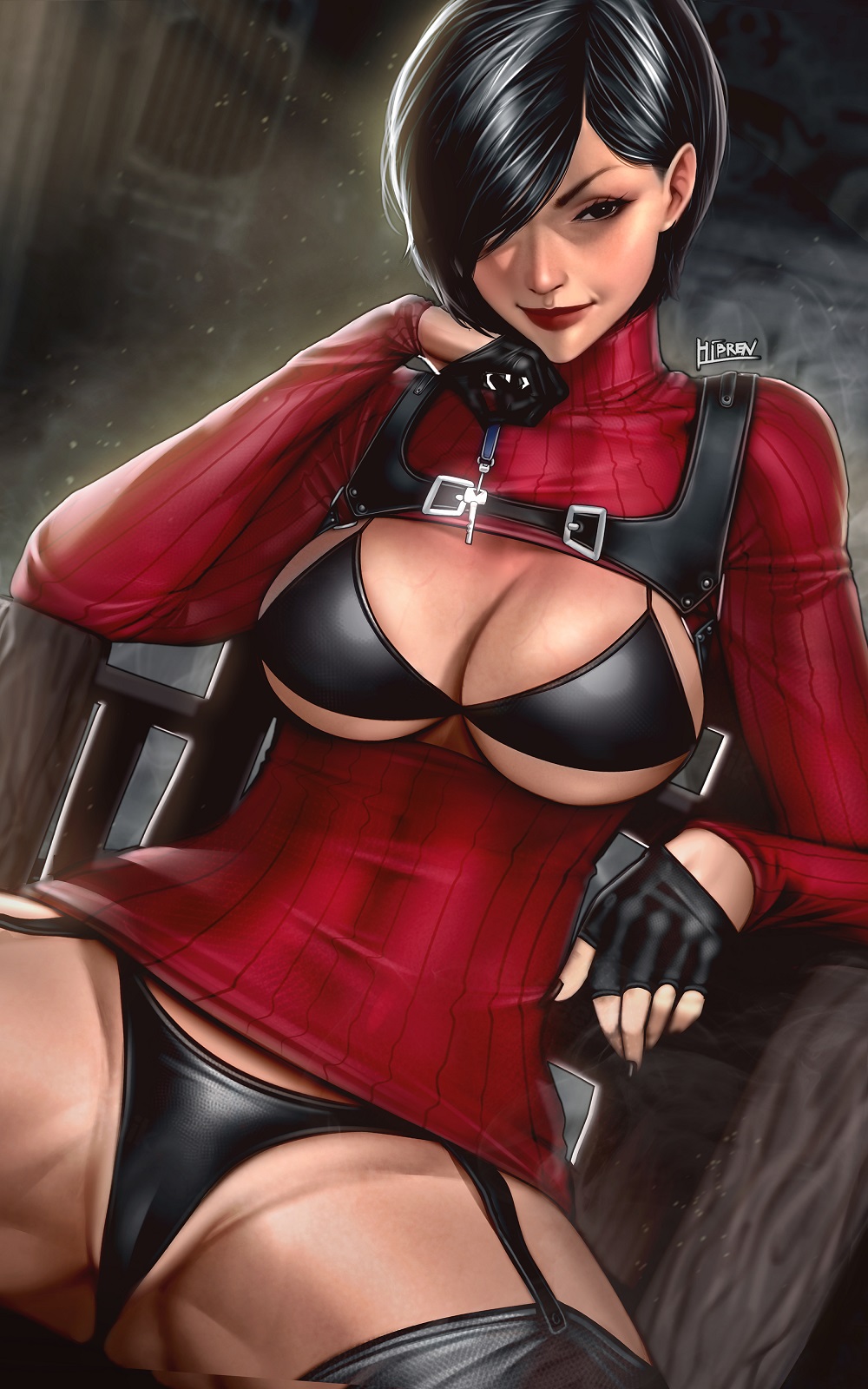 1girls ada_wong artist_name black_bra black_hair black_nails black_panties breasts cameltoe cleavage female female_only hair_over_one_eye hibren holding_key key large_breasts lipstick looking_at_viewer nail_polish panties red_lipstick resident_evil resident_evil_4 resident_evil_4_remake short_hair signature sitting smile spread_legs sweater sweater_dress thighhighs