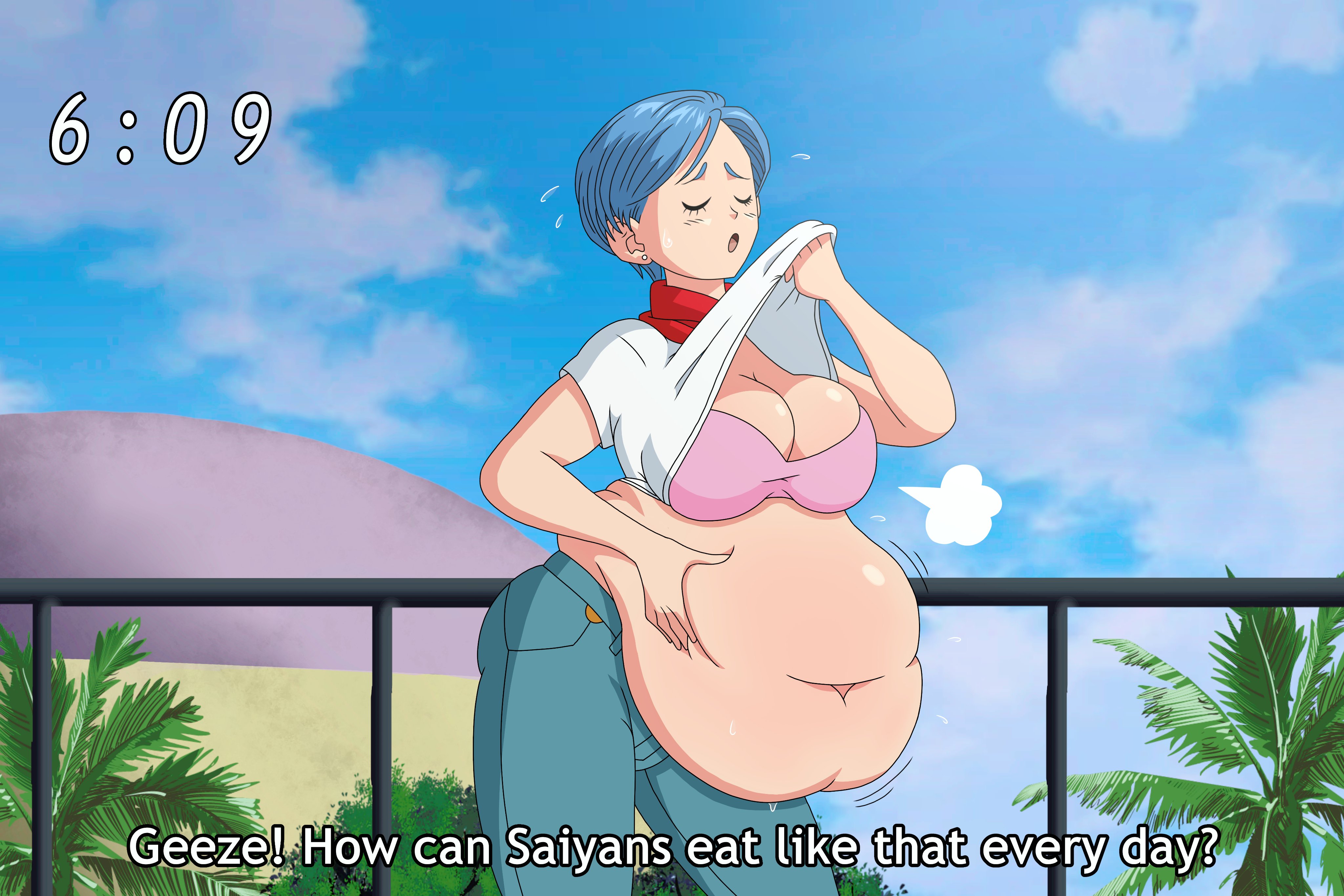1girls, bbw, belly, big belly, big breasts, blue hair, bra, breasts, bulma briefs, clairescafe, cleavage, dialogue, dragon ball, dragon ball super, dragon ball z, earrings, fake screenshot, fat, female, hand on belly, mature female, milf, mother, obese female, overweight, overweight female, scarf, shirt lift, text