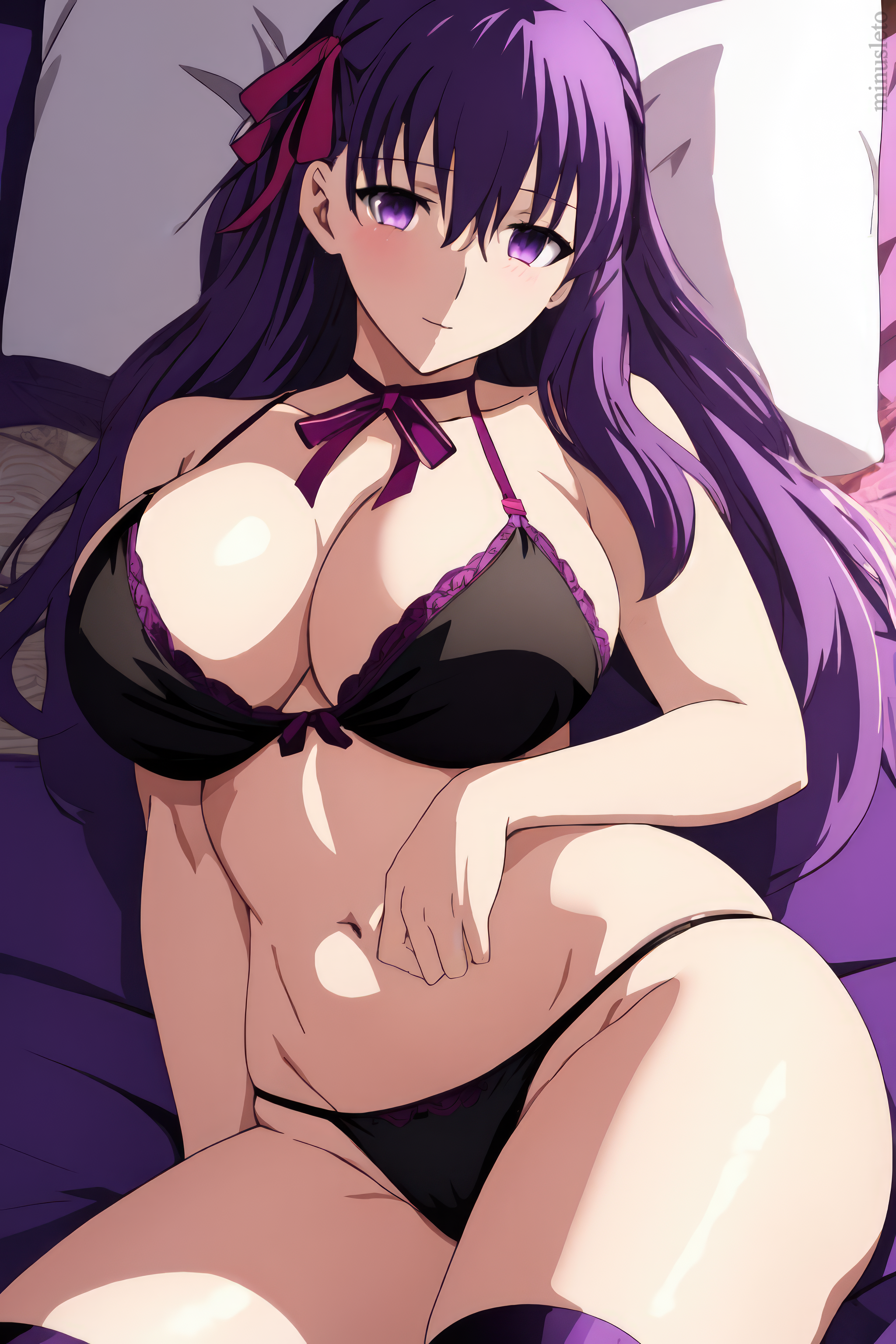 2023, ai generated, big boobs, big breasts, black bra, black underwear, bra, breasts, fate (series), fate/stay night, female, hair, long hair, matou sakura, minusleto, on back, on bed, pillow, purple hair, stable diffusion, stockings, thick thighs