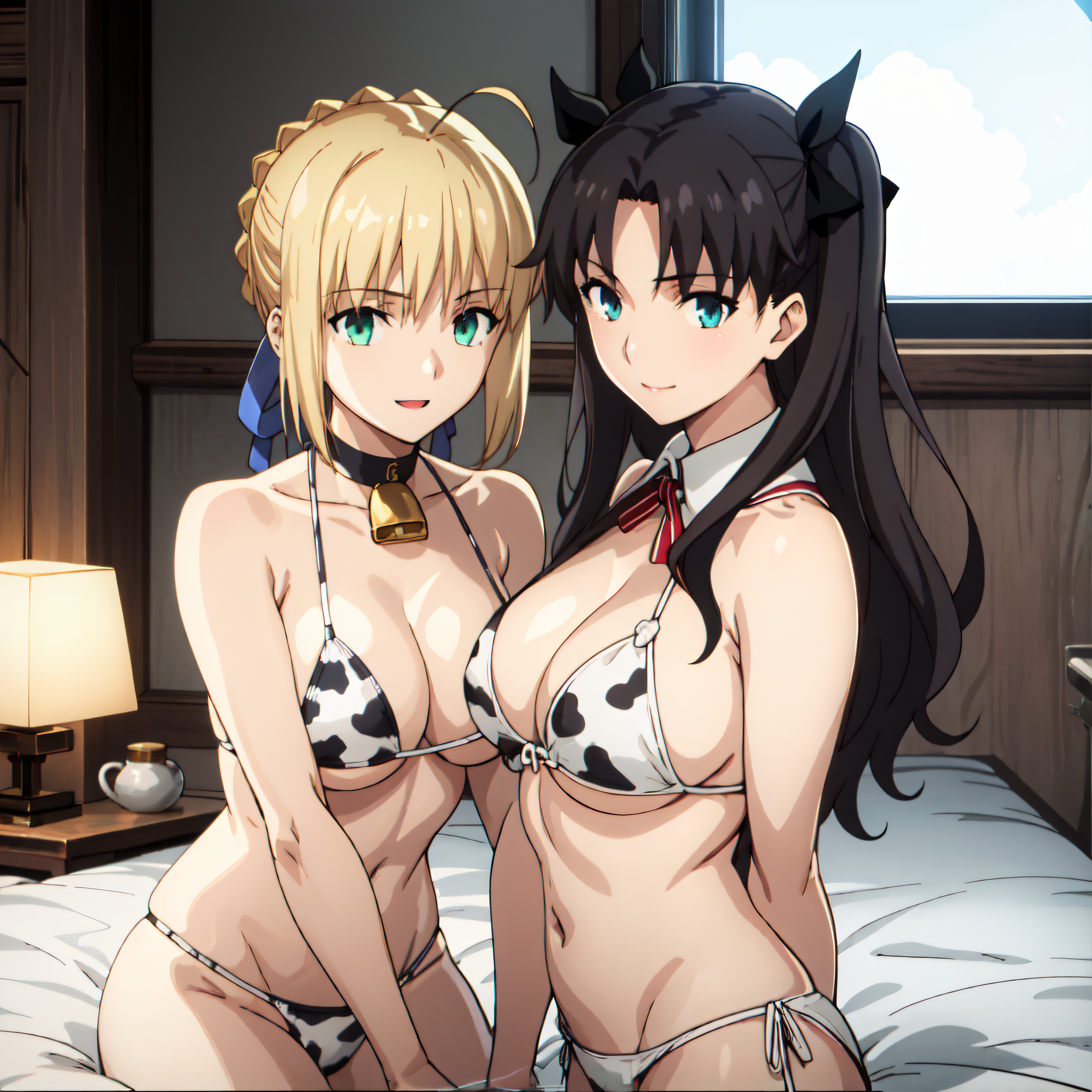2girls, ai generated, artoria pendragon, bikini, blonde hair, blue eyes, breasts, cow print, cow print bikini, fate (series), fate/stay night, female, green eyes, hair ribbon, large breasts, looking at viewer, saber, sitting, stable diffusion, tohsaka rin, twintails