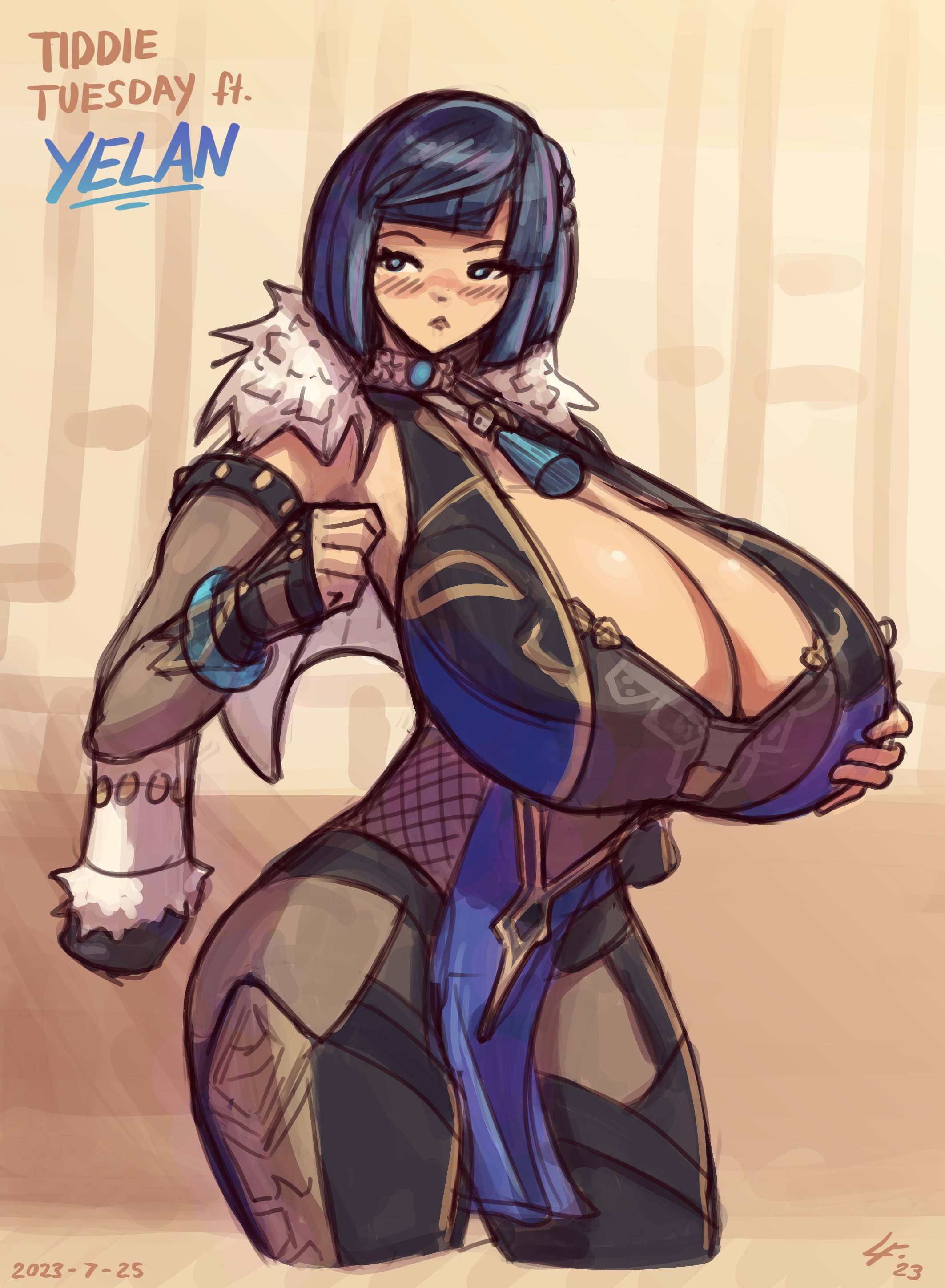 big breasts, blue eyes, blue hair, breasts, cleavage, female, genshin impact, huge breasts, large breasts, lucy fuchs, solo, yelan (genshin impact)