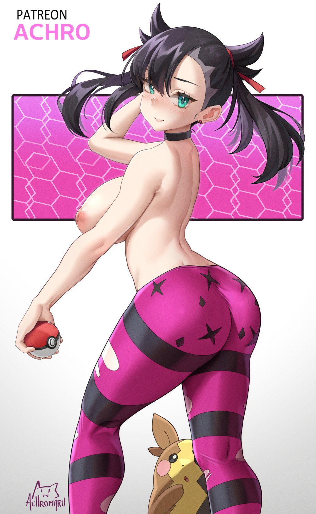 1girls achromaru aged_up areolae ass black_hair breasts dat_ass female game_freak green_eyes large_areolae large_breasts light-skinned_female light_skin long_hair marnie_(pokemon) morpeko nintendo nipples pokémon_(species) pokemon pokemon_ss strip_game thick_thighs topless twintails