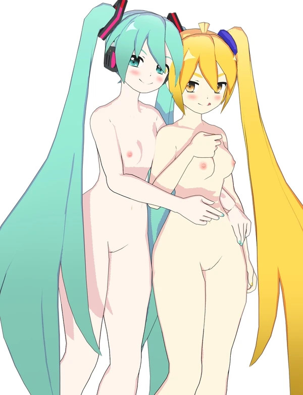 akita_neru blue_hair breasts hatsune_miku nipples vocaloid