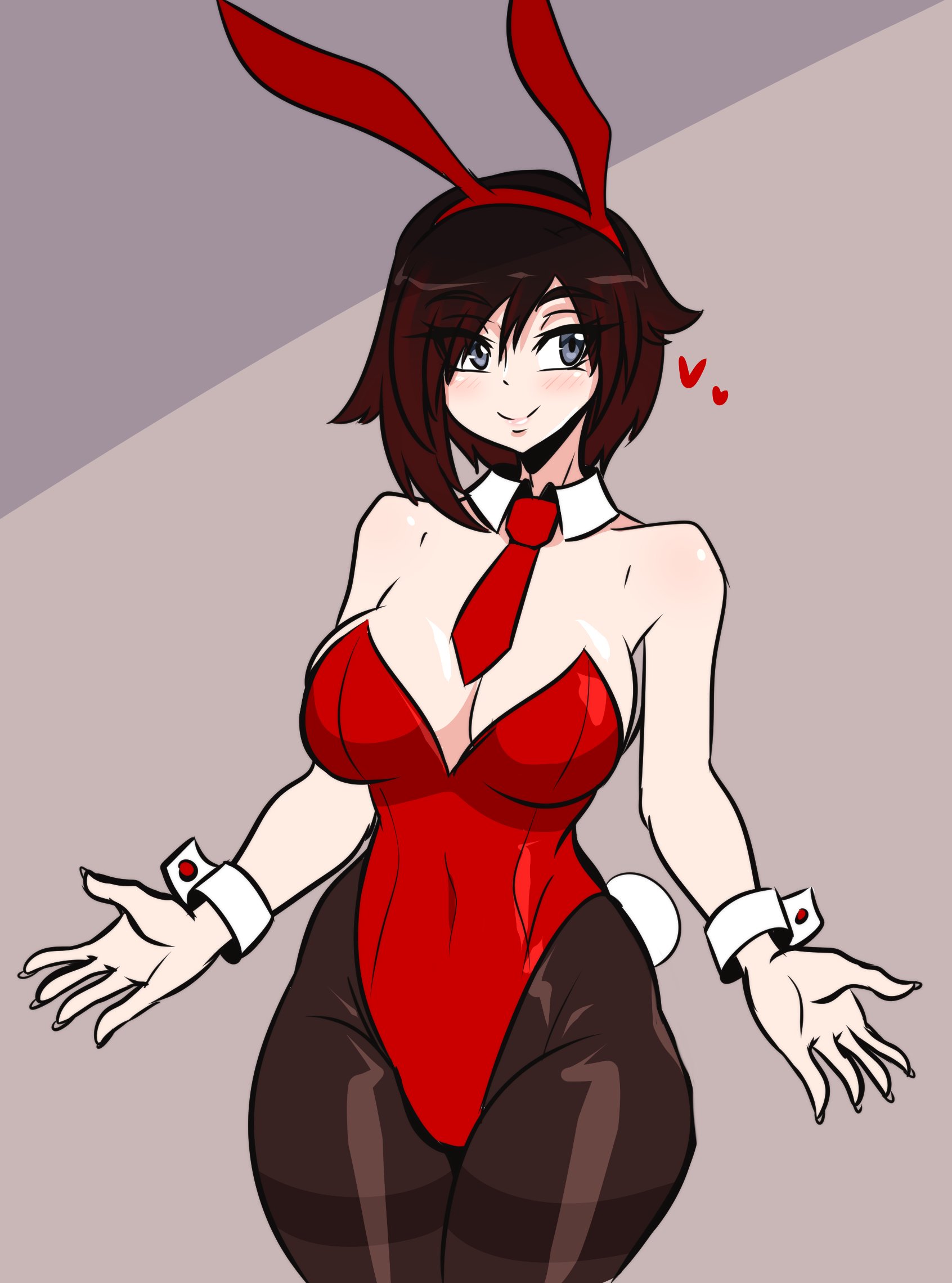 1girls, big breasts, breasts, bunny ears, bunnysuit, female, female only, heart, kinathefox, ruby rose, rwby, short hair, simple background, solo