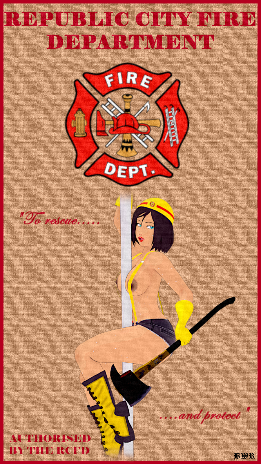 1girls avatar_legends breakwater_ridge english_text female firefighter_uniform korra pinup pose retro_artstyle text the_avatar the_legend_of_korra wallpaper water_tribe