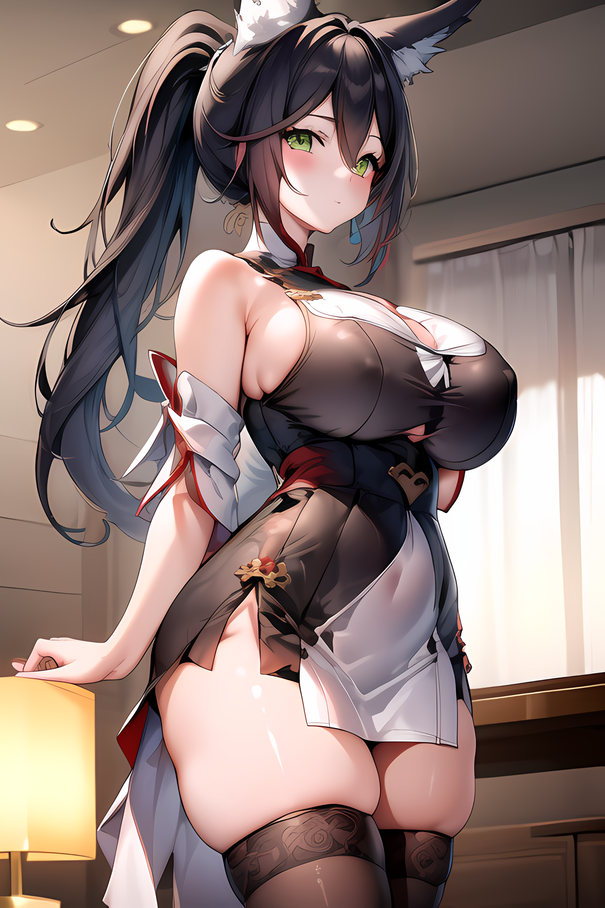 ai generated, ass, big ass, big breasts, big butt, breasts, brown hair, chinese clothes, chinese dress, curvy, curvy figure, cute, cute face, dark hair, detailed, detailed background, female, fox, fox ears, fox tail, green eyes, hi res, high resolution, highres, honkai: star rail, looking at viewer, ponytail, smile, smiling, tail, thick thighs, tingyun (honkai: star rail)