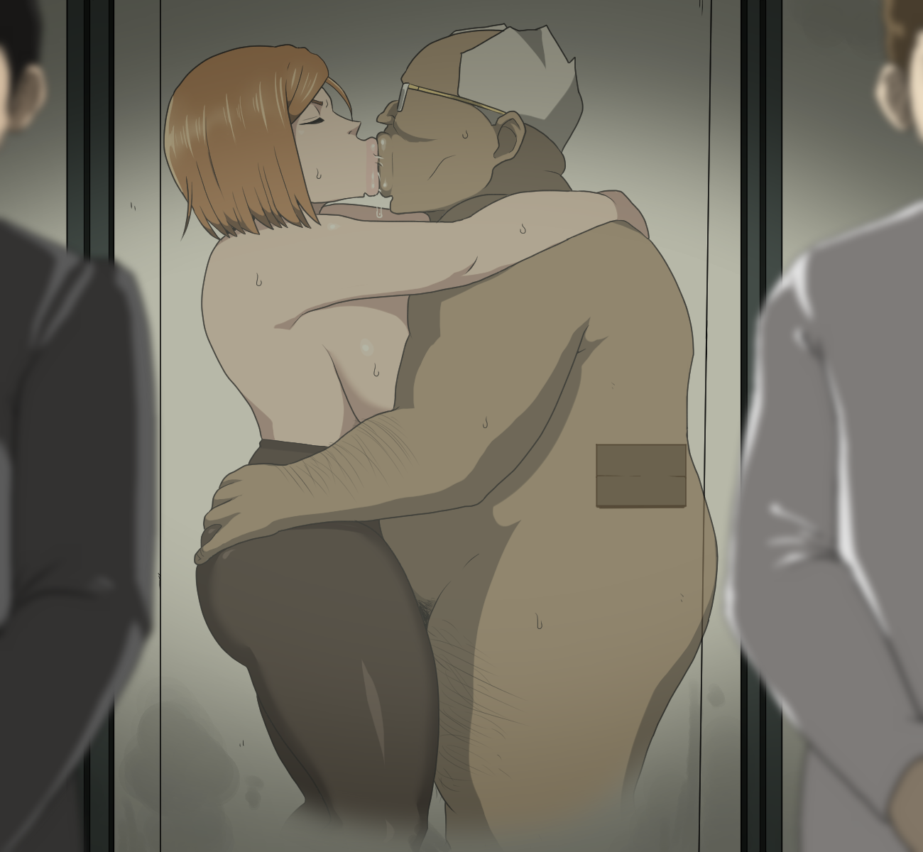 :>=, 1boy, 1girls, bathroom, bathroom stall, big breasts, breasts, closed eyes, embracing, fat male, female, french kiss, french kissing, grabbing ass, huge breasts, hugging, jujutsu kaisen, kissing, kugisaki nobara, large breasts, light skin, light-skinned female, lips, making out, male, older male, orange hair, pantyhose, pink lips, pulpawoelbo, saliva drip, side view, stall, standing, straight, sweat, thick thighs, thighs, topless, ugly bastard