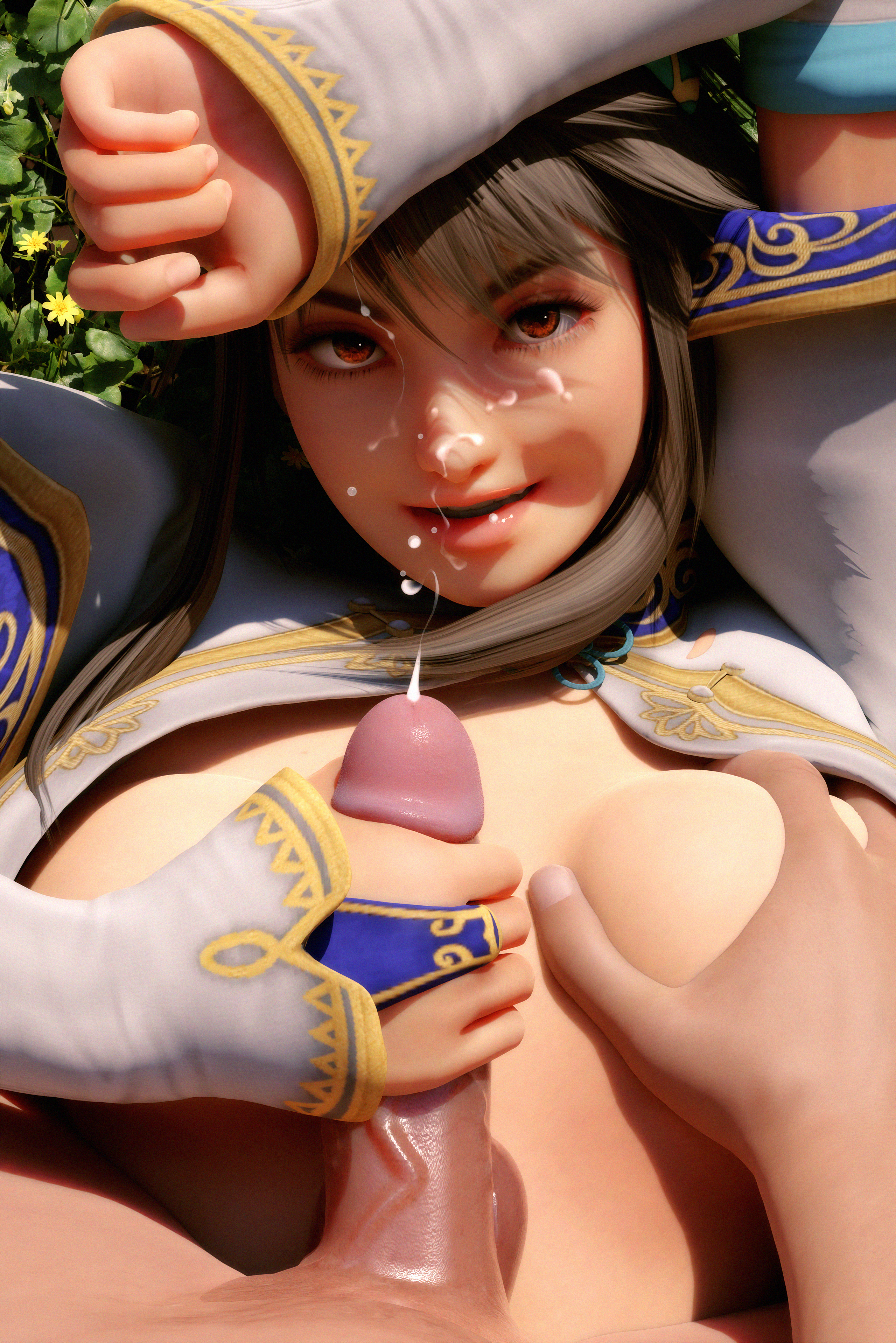 3d, armwear, asian, asian female, athletic, athletic female, black hair, breasts, breasts out, brown eyes, busty, chai xianghua, cum, cum on face, facial, female, female focus, glans, grope, groping, groping breasts, handjob, long hair, male, male pov, medium breasts, mrstranger, namco, partial male, penis, pov, sex, soul calibur, tagme