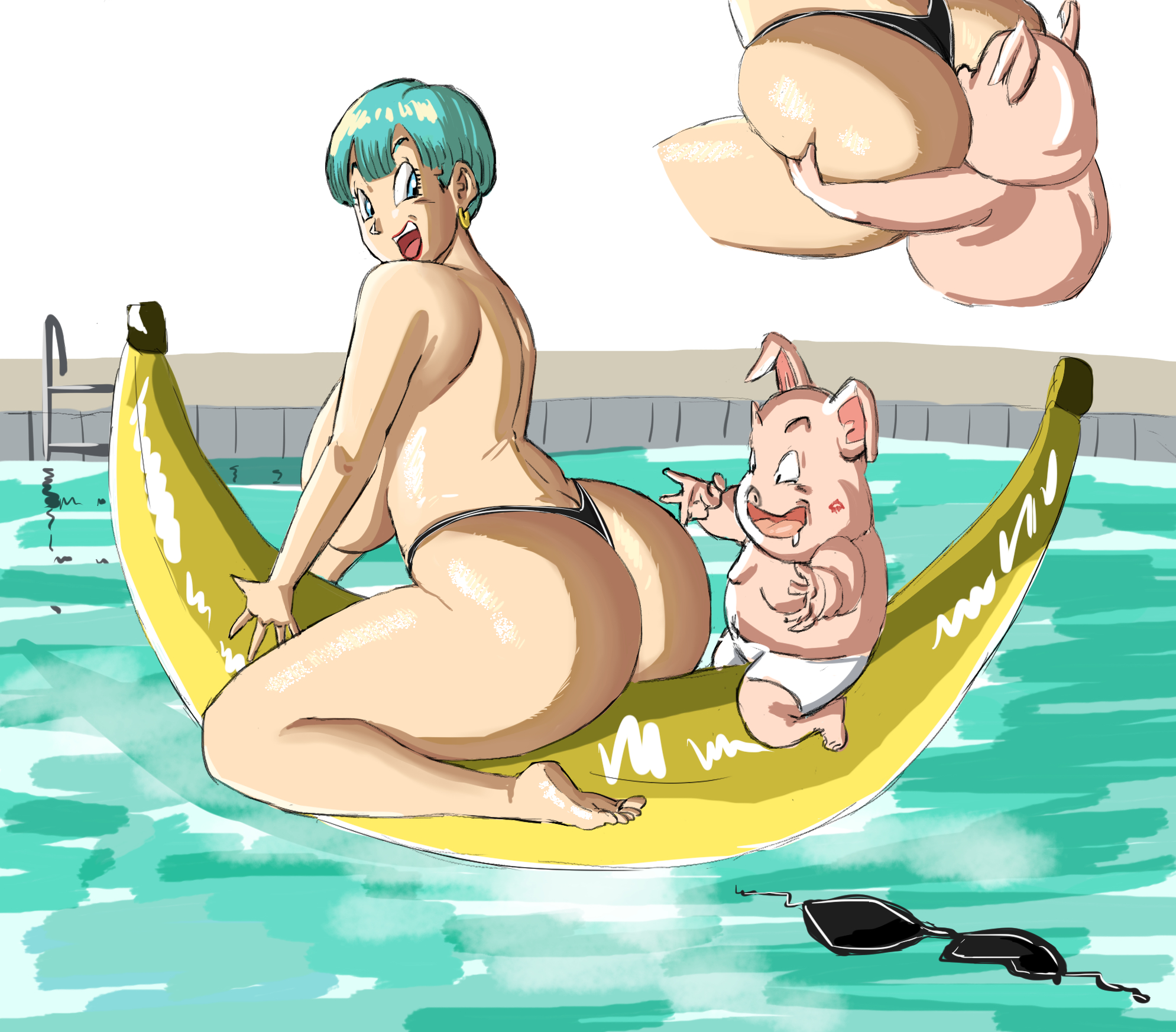ass, big ass, big butt, bikini, bulma briefs, cheating, cheating female, cheating wife, dragon ball, face in ass, female, huge ass, larger female, male, mature female, milf, oolong, panarandom, short hair, size difference, smaller male, thick thighs, topless
