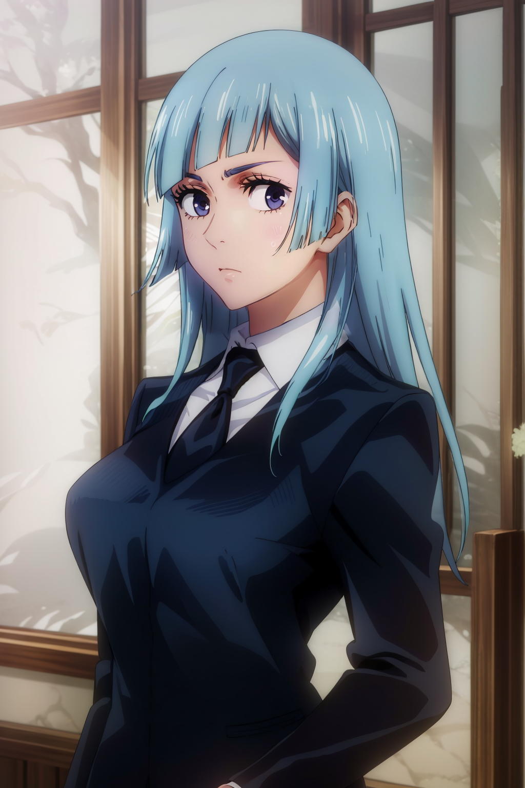1girls, ai generated, bangs, big breasts, blue hair, blue-haired female, breasts, clothing, female, female only, jujutsu kaisen, kasumi miwa, light blue hair, long hair, looking at viewer, purple eyes