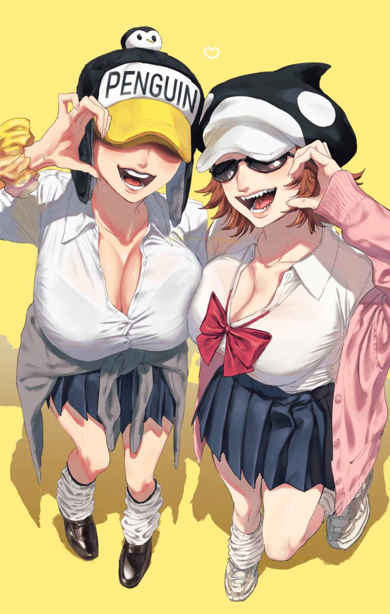 2girls alternate_costume big_breasts breast_press brown_hair canon_genderswap cleavage covered_eyes female female_only full_body genderswap_(mtf) gyaru hat headwear heart_pirates high-angle_view huge_breasts kogal looking_at_viewer loose_socks momimimiya one_piece one_piece:_egghead_arc open_mouth penguin_(one_piece) post-timeskip rule_63 school_uniform schoolgirl shachi_(one_piece) shaded_face sharp_teeth shiku_shiku_no_mi short_hair smile standing sunglasses sweater sweater_around_waist tinted_eyewear tongue_piercing wrist_scrunchie