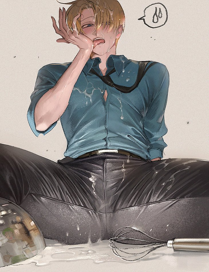 1boy blush bulge clothed_male cream fully_clothed gay kitchen_utensils licking_hand male male_only nori31291404 one_piece pre-timeskip pre_timeskip reflection roronoa_zoro sexually_suggestive solo_focus spilled_liquid spread_legs suggestive_fluid tight_pants vinsmoke_sanji voyeur whisk