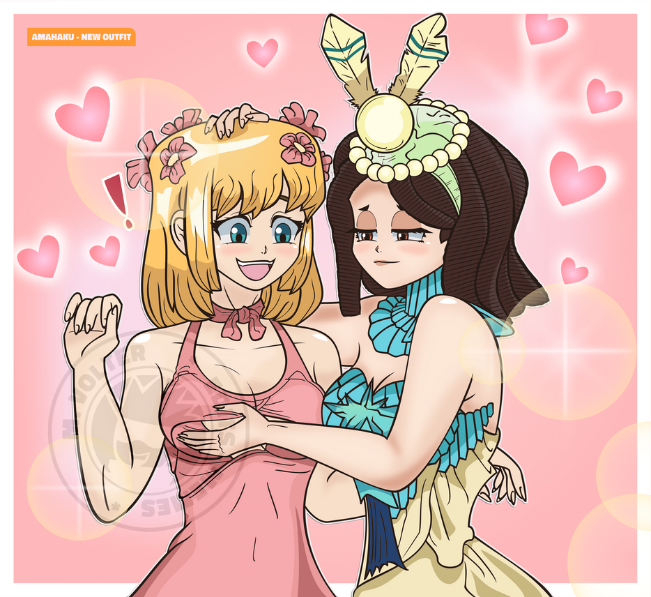 amaryllis_(dr.stone) artist_request blush breast_grab breast_squish dr.stone kohaku_(dr.stone) pink_background volter_x_volter white_background white_border yuri