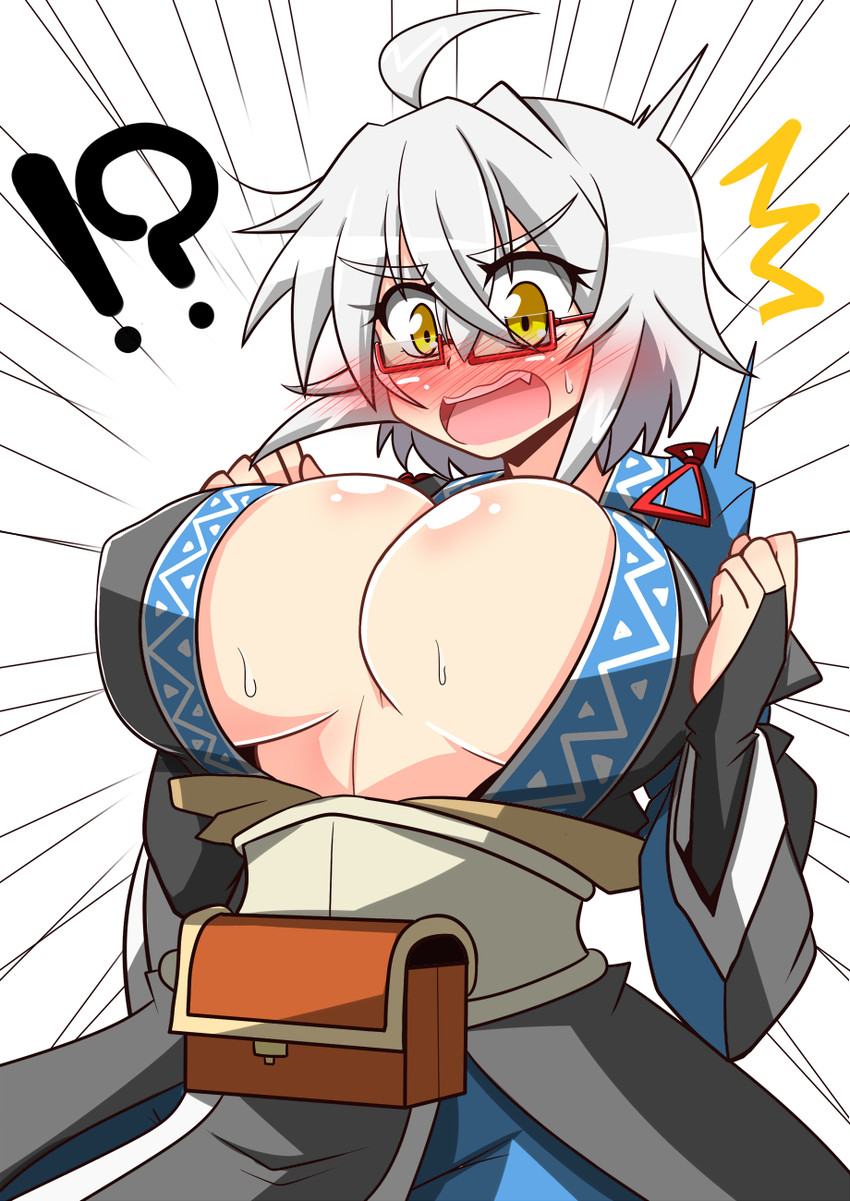 1girls big_breasts blush breasts clothed_female gender_transformation genderswap_(mtf) huge_breasts inner_sideboob light-skinned_female mature_female old_art rindou_(p41neko) rinnosuke_morichika rule_63 silver_hair suprised sweat sweaty_breasts touhou white_background white_hair yellow yellow_eyes