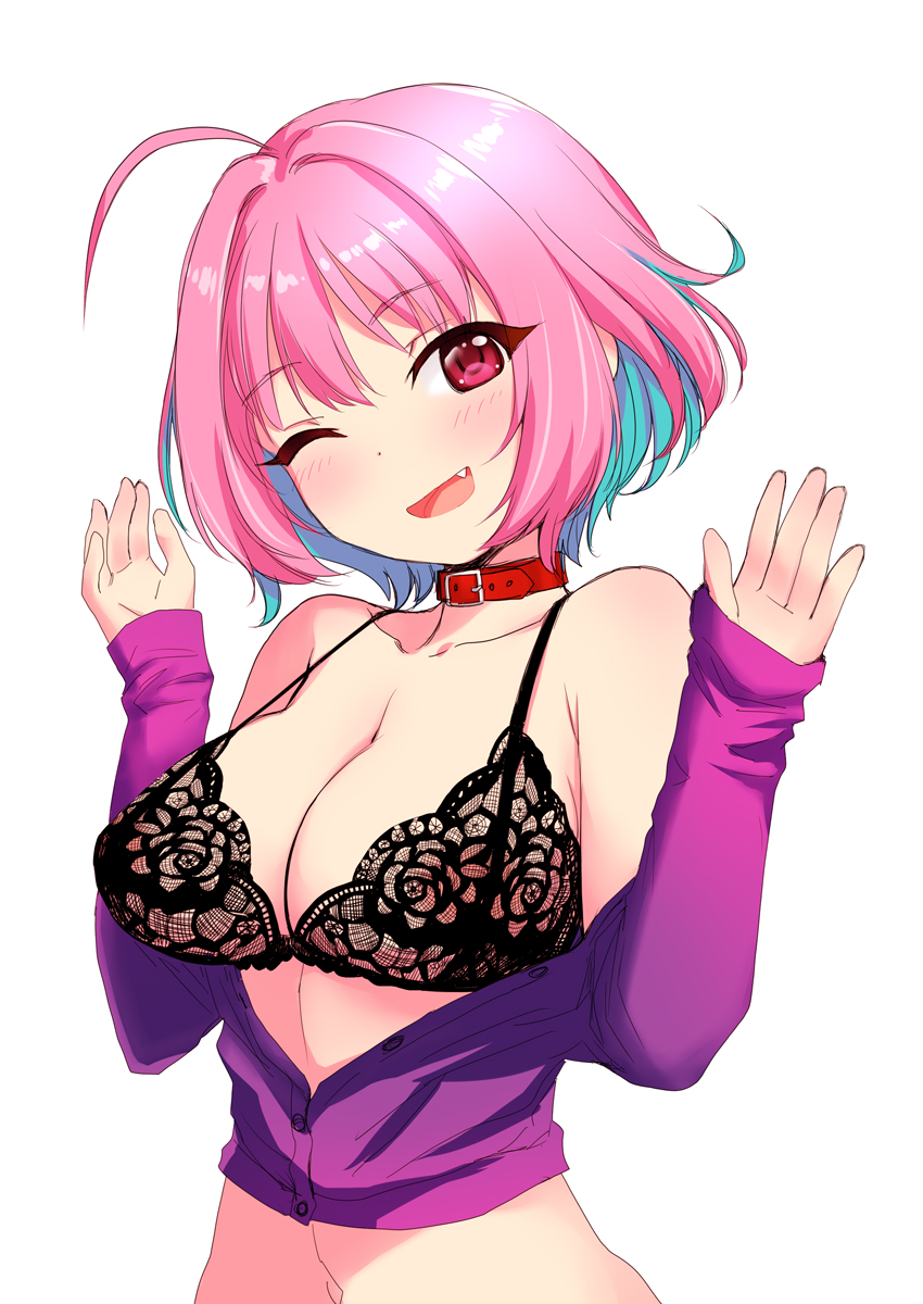 ahoge aqua_hair bob_cut bra breasts cleavage colored_inner_hair cute_fang fang female highres idolmaster idolmaster_cinderella_girls idolmaster_cinderella_girls_starlight_stage large_breasts looking_at_viewer multicolored_hair open_mouth pink_eyes pink_hair sakaki_imasato simple_background smile solo two-tone_hair white_background yumemi_riamu