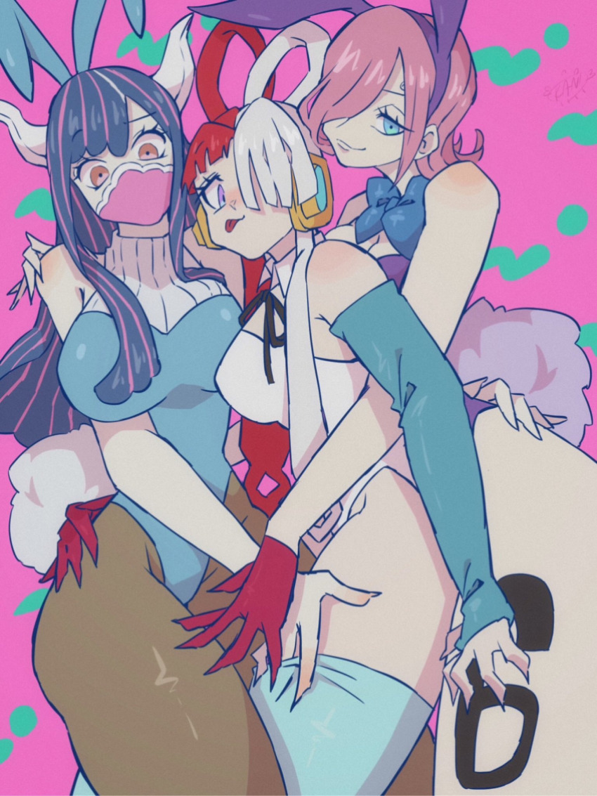 3girls, black tattoo, blue hair, blue-haired female, breasts, bunnysuit, female, female only, kanikanipan3740, large breasts, leg tattoo, leotard, looking at viewer, number tattoo, one piece, one piece film red, pink hair, pink-haired female, playboy bunny, red hair, red-haired female, smile, tattoo, thick thighs, thighhighs, thighs, tongue, tongue out, two-tone hair, ulti (one piece), uta (one piece), vinsmoke reiju, white hair, white-haired female
