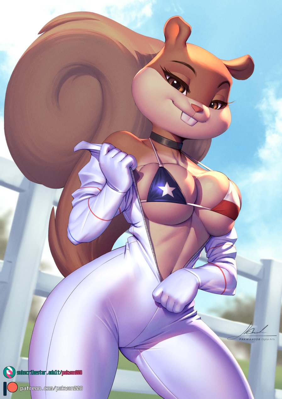 1girls 2023 alternate_version_available animal_ears anthro anthro_only bare_shoulders belly big_breasts bikini bikini_top bodysuit breasts brown_body brown_eyes brown_skin buckteeth choker clothed clothing curvaceous curvy curvy_figure day digital_media_(artwork) eyelashes feet_out_of_frame female female_focus female_only fence flag_bikini fluffy_tail fur furry half-closed_eyes hi_res highres large_breasts looking_at_viewer mammal midriff navel nickelodeon outdoors outside pakwan008 rodent sandy_cheeks sciurid signature sky smile solo solo_female solo_focus spongebob_squarepants squirrel squirrel_ears squirrel_tail standing tail taking_clothes_off teeth texan texas_flag_bikini thick_thighs thighs undressing url watermark wide_hips