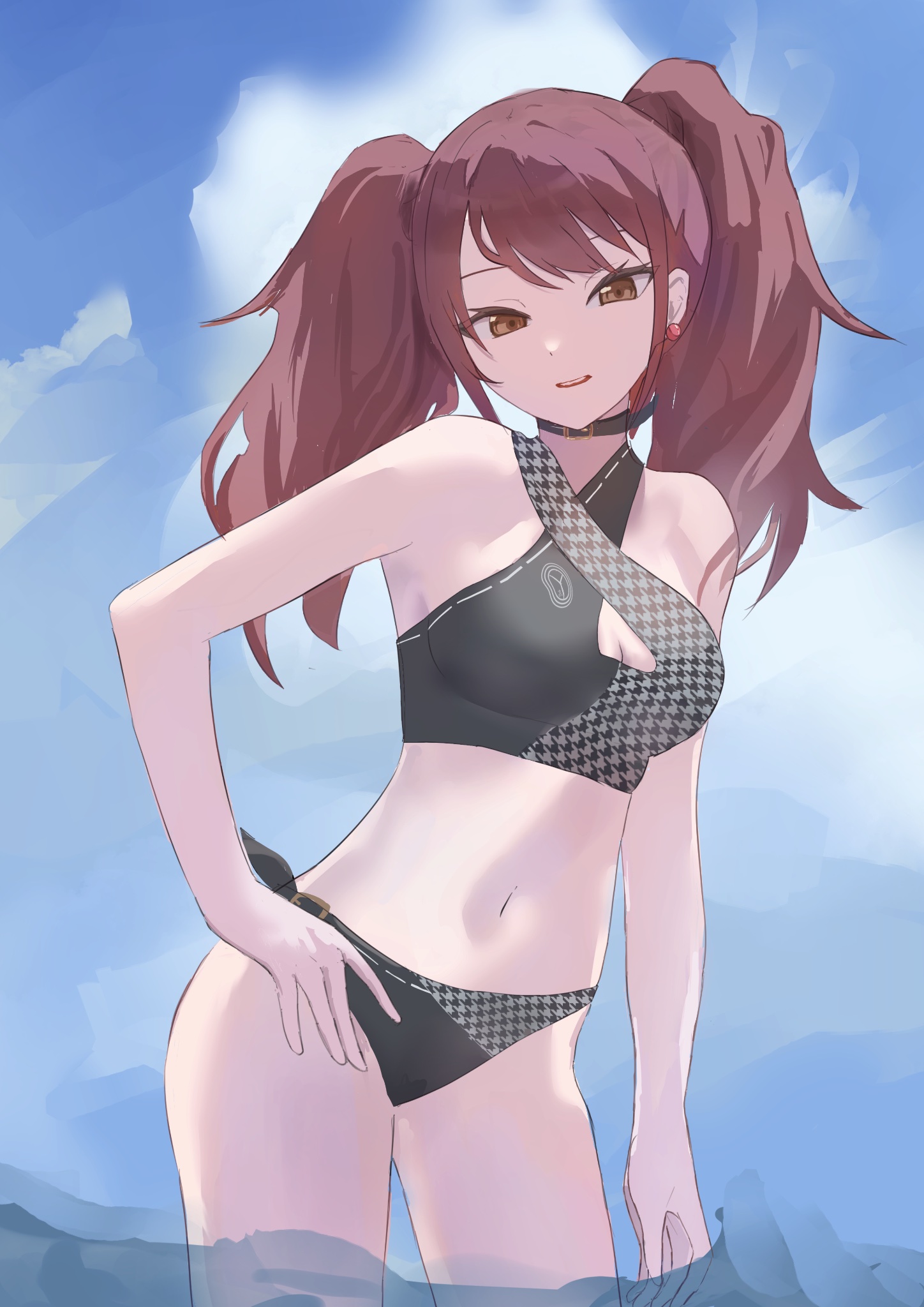 atlus, bikini, black bikini, breasts, choker, earrings, female, female only, hand on hip, kujikawa rise, looking at viewer, looking down, navel, persona, persona 4, pigtails, red hair, solo, torisuko 102, water