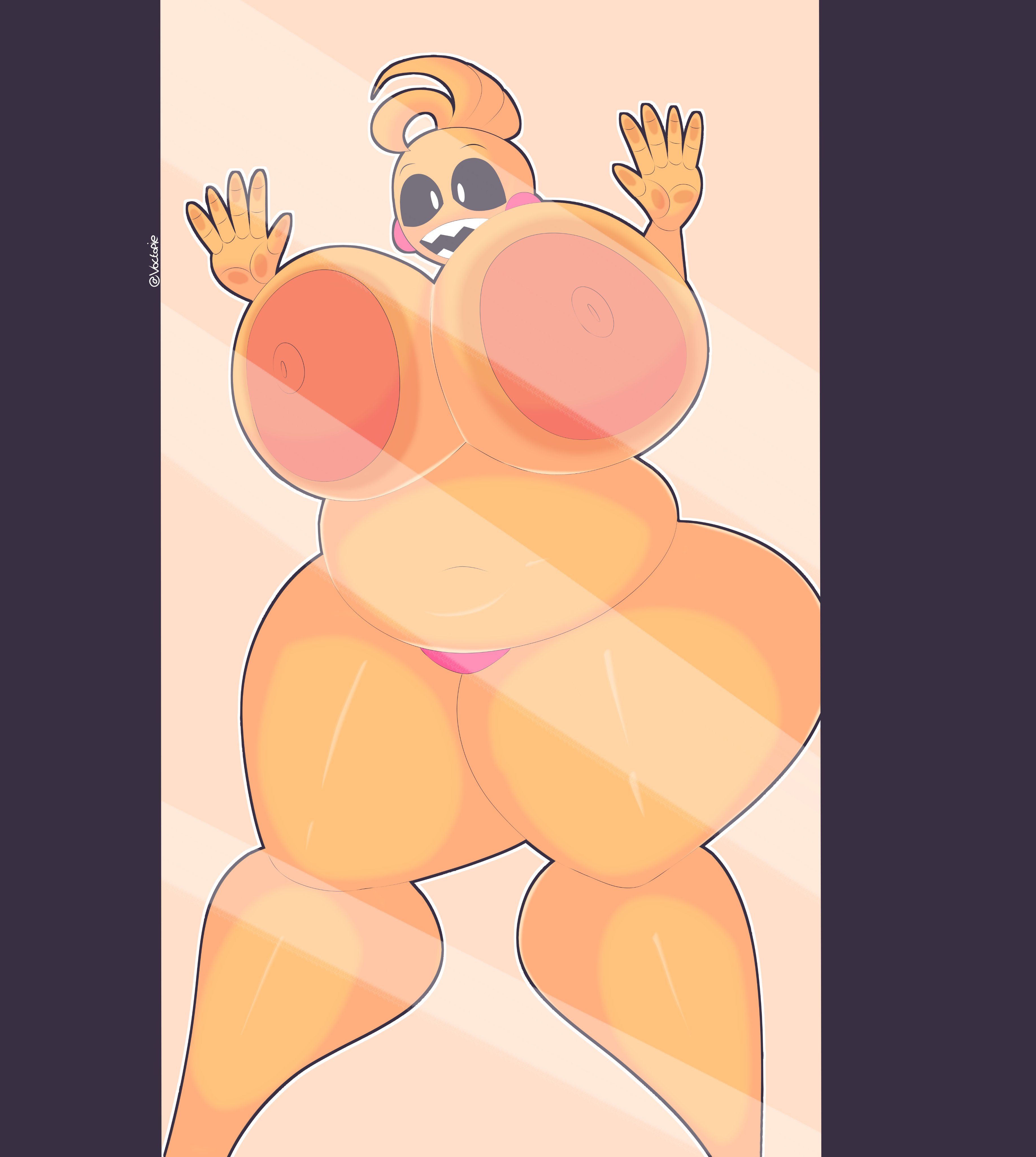 animatronic, artist name, artist signature, big breasts, breasts, breasts on glass, chicken, female, five nights at freddy's, glass, nipples, pressed on glass, robot, solo, toy chica (fnaf), voctopie, yellow skin