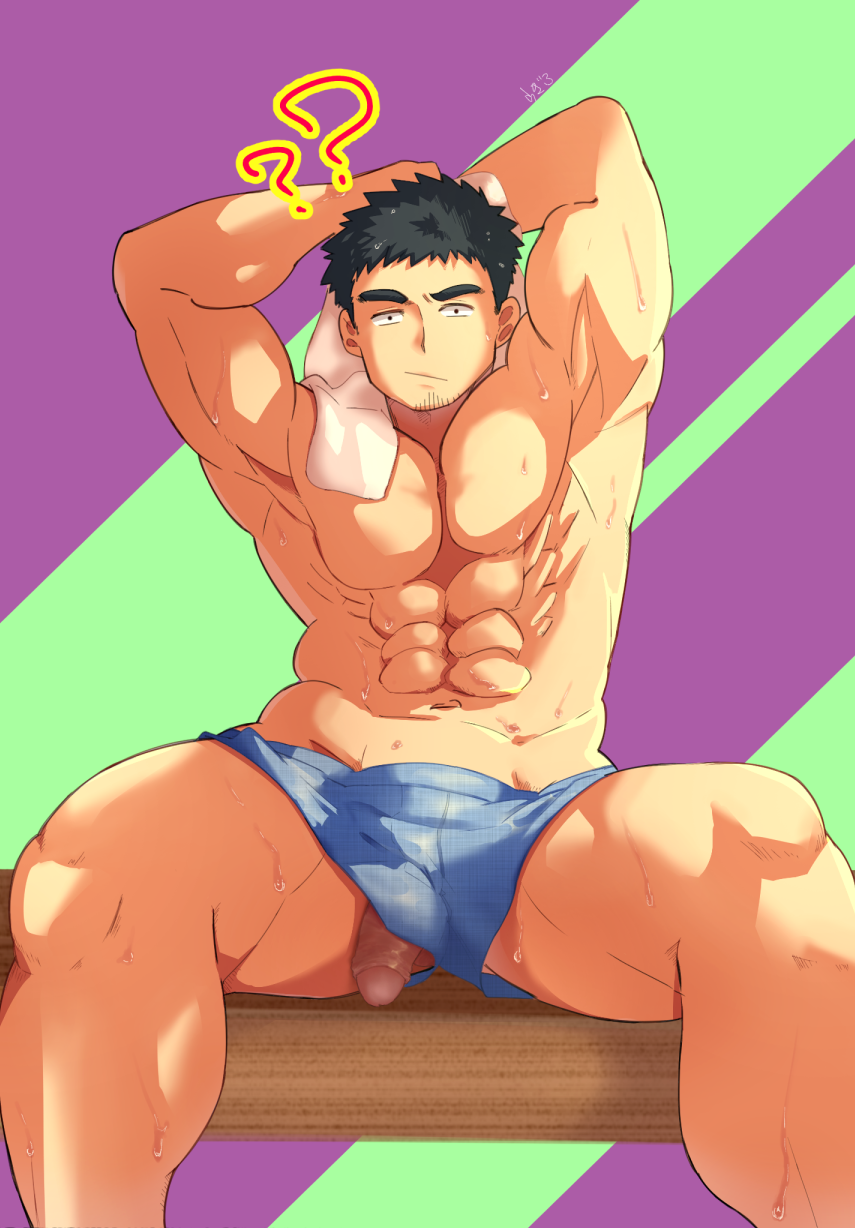 1boy :/ ? ?? abs armpits arms_up bara blue_male_underwear boxers bulge clothing_aside feet_out_of_frame flaccid freeballing goatee_stubble highres large_pectorals looking_at_viewer male male_focus male_only male_underwear male_underwear_aside mature_male muscular muscular_male navel no_nipples pectorals penis penis_peek penis_through_leghole ragi_san_(ononokomachiimo) senpai_ga_uzai_kouhai_no_hanashi short_hair sideburns solo spread_legs stomach sweat takeda_harumi_(shiromanta) thick_eyebrows thick_thighs thighs topless_male uncensored underwear very_sweaty wiping_sweat