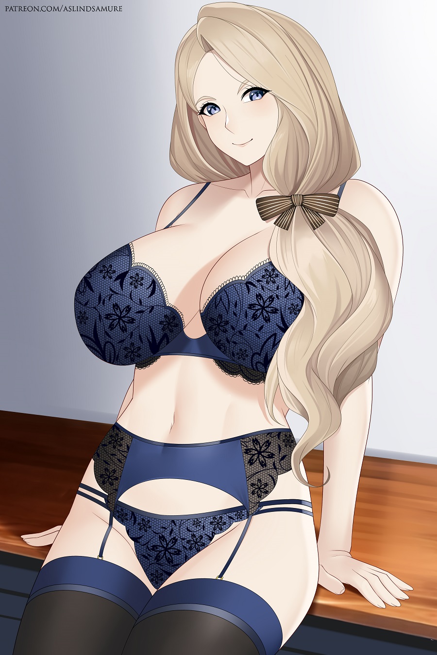 1girls, arm support, aslindsamure, bare thighs, blonde hair, blue eyes, blue lingerie, blue panties, blue stockings, bra, breasts, cleavage, female, female only, fire emblem, fire emblem: three houses, garter belt, hair over shoulder, huge breasts, lingerie, looking at viewer, mercedes von martritz, milf, nintendo, panties, side ponytail, smile, solo, standing, stockings, table, thighhighs, thighs, thong, underwear, very long hair