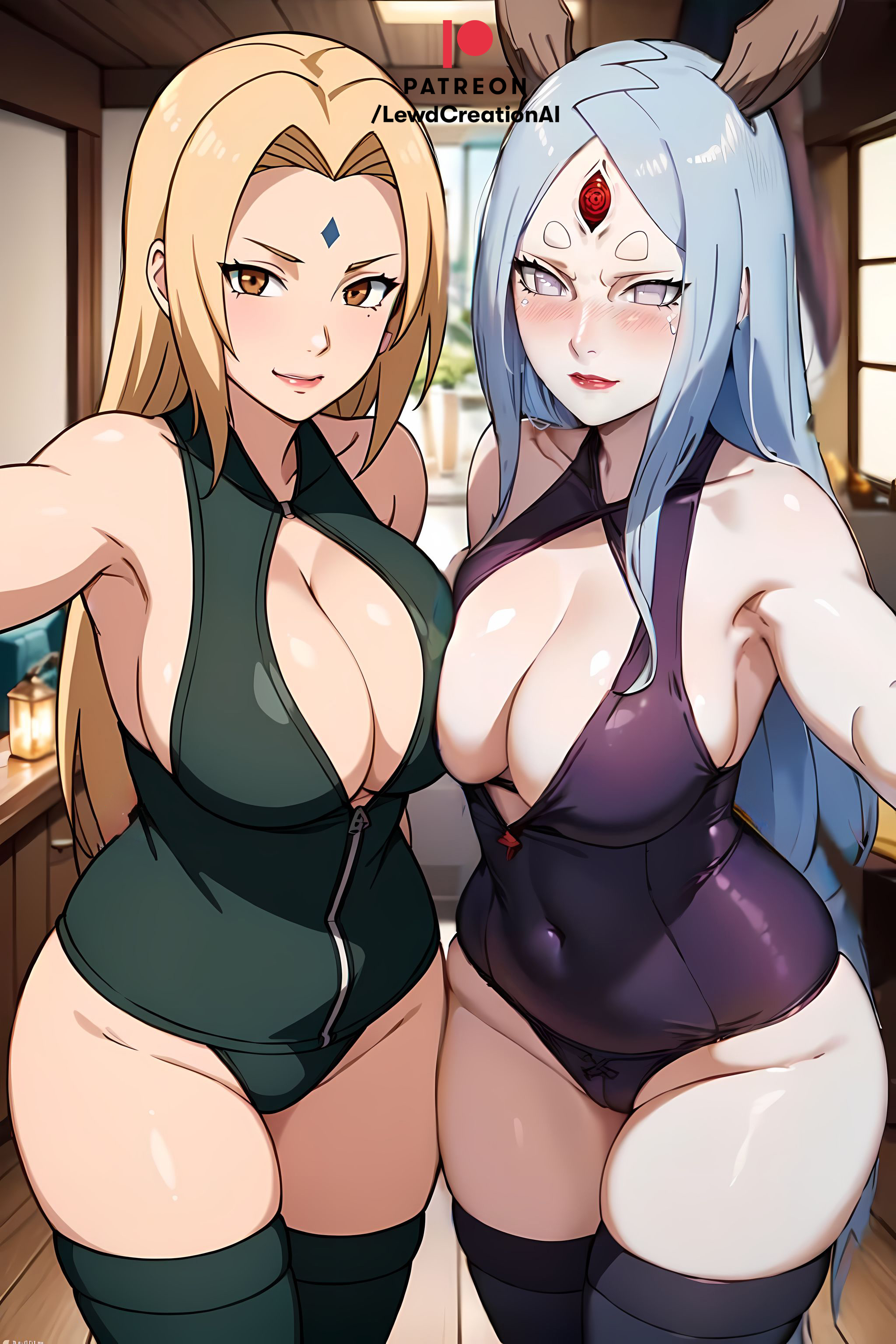 2girls, ai generated, ass, big breasts, big nipples, blonde female, blonde hair, blush, blushing at viewer, blushing profusely, breasts, choker, female, female only, forehead gem, forehead jewel, forehead mark, horns, huge breasts, indoors, lewdcreationsai, light skin, light-skinned female, multiple females, multiple girls, muscular, muscular female, naruto, naruto (classic), naruto (series), naruto shippuden, naruto: the last, nipples, nipples outside, nipples visible through clothing, otsutsuki kaguya, pale skin, pale-skinned female, phone, selfie, selfie pose, smile, submissive, submissive female, thick, thick ass, thick legs, thick thighs, thigh highs, thighs, toned, toned female, tsunade