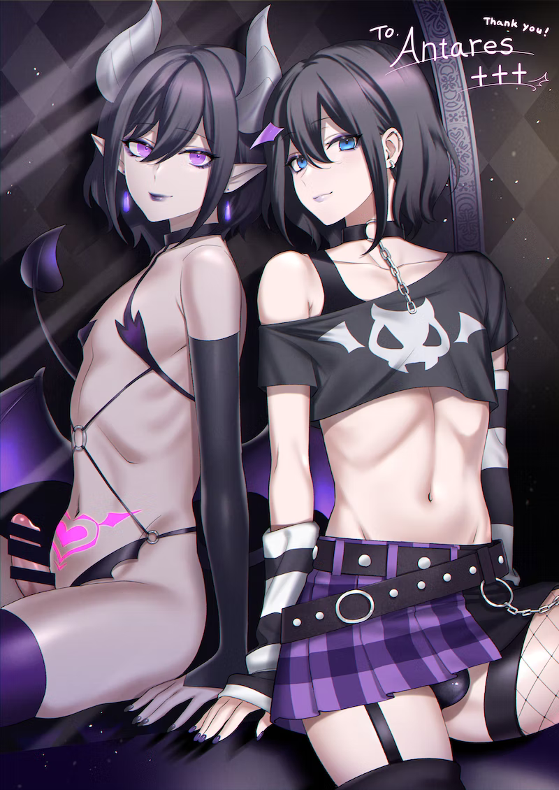 +++ (artist), 1boy, 2022, alt boy, arm warmers, belt, black hair, black lipstick, black shirt, blue eyes, bulge, censored, chains, choker, clothing, collar, crop top, crossdressing, demon, demon boy, demon horns, demon tail, demon wings, detached sleeves, dual persona, ear piercing, english text, erection, eyeshadow, femboy, fishnet thighhighs, fishnets, garter straps, glans, glowing, glowing tattoo, goth, goth boy, hair between eyes, highres, horns, incubus, light skin, light-skinned male, lipstick, long ears, looking at viewer, makeup, male, male only, midriff, miniskirt, mirror, multiple views, nail polish, navel, o-ring, off shoulder, off-shoulder shirt, original, pale skin, pale-skinned femboy, pale-skinned male, penis, piercing, plaid, plaid skirt, pleated skirt, pointy ears, pubic tattoo, purple eyes, purple eyeshadow, purple lipstick, purple nails, reflection, revealing clothes, shirt, short hair, sitting, skirt, solo, succubus, tail, tattoo, text, thighhighs, thighs, trap, upskirt, wings