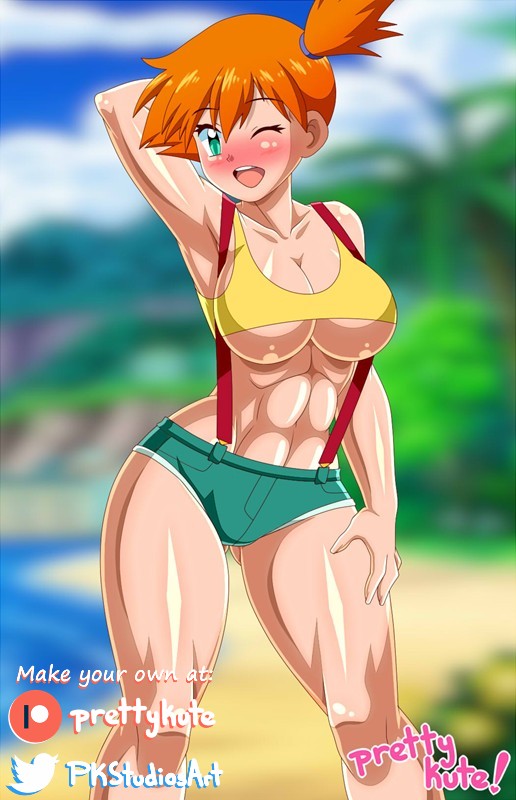 abs asymmetrical_hair back blue_shorts blush breasts clothing creatures_inc. denim denim_shorts female game_freak gen_1_pokemon green_eyes hair_tie holding huge_ass kasumi_(pokemon) nintendo one_eye_closed orange_hair pk-studios pokemon pokemon_(anime) pokemon_(classic_anime) pokemon_rgby ponytail shirt short_hair short_shorts shorts side_ponytail sideboob solo suspender_shorts suspenders thick_thighs thighs tied_hair underboob wink yellow_shirt