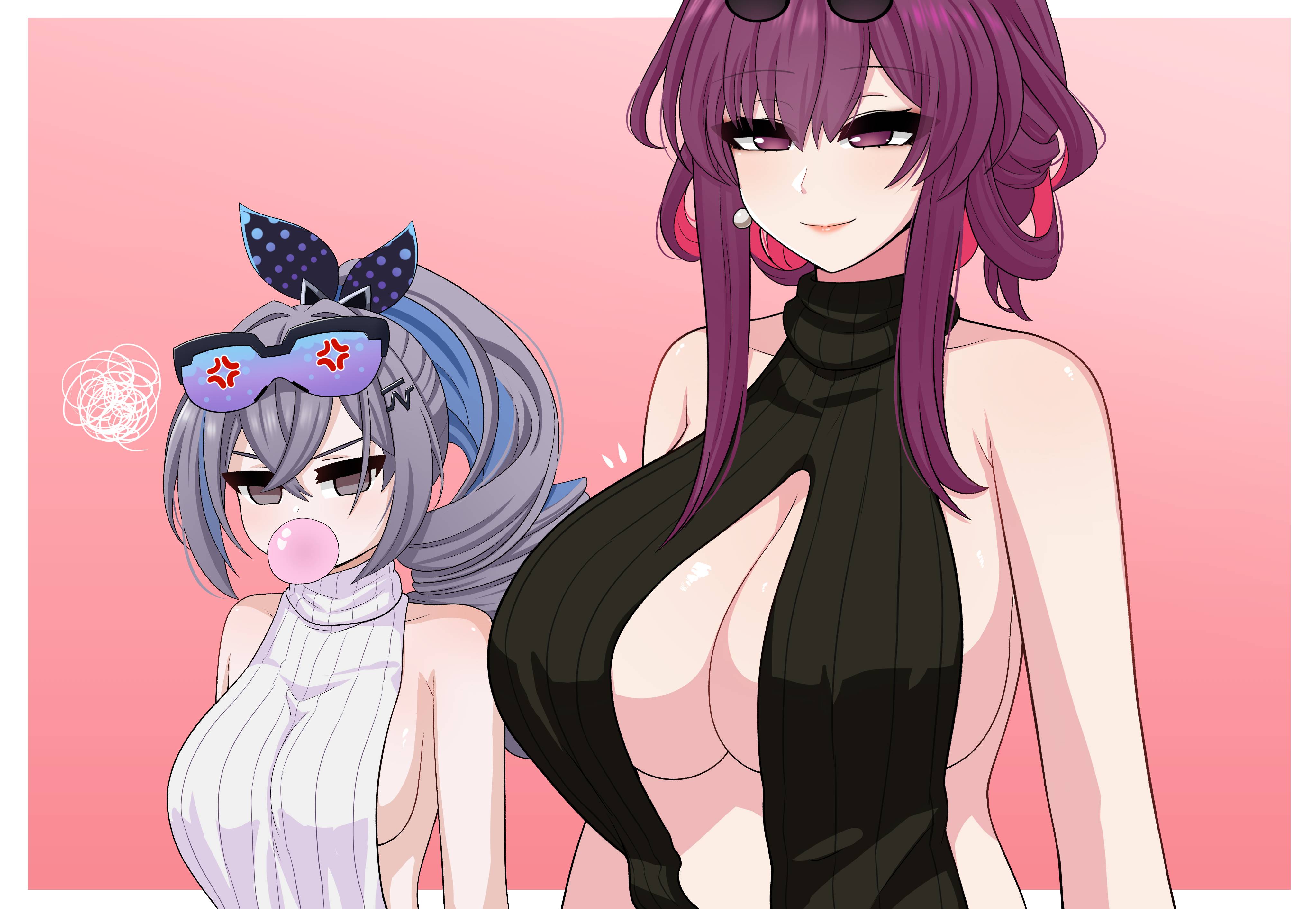 2girls, alternate breast size, angry, breast envy, breasts, eyewear on head, female, female only, honkai (series), honkai: star rail, huge breasts, kafka (honkai: star rail), large breasts, light skin, light-skinned female, long hair, multiple females, multiple girls, purple hair, silver hair, silver wolf (honkai: star rail), sweater, the only shoe
