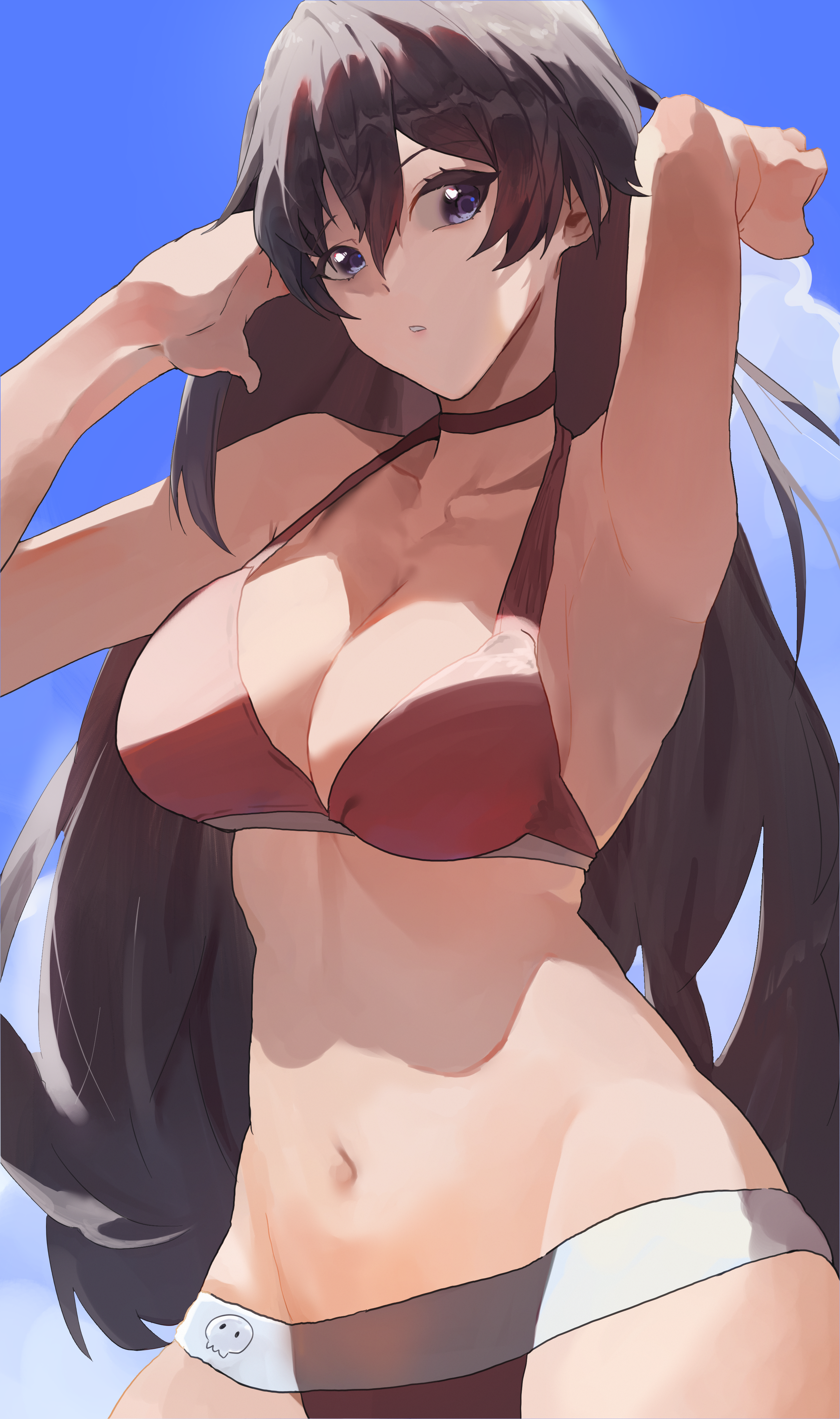 1girls, absurdres, alternate costume, arm up, armpits, bambietta basterbine, bare arms, bikini, black hair, bleach, bleach: the thousand-year blood war, blue eyes, breasts, choker, cleavage, collarbone, curvy, day, eyelashes, female, groin, hair between eyes, halterneck, hand up, harutoman, highres, large breasts, long hair, looking at viewer, midriff, navel, outdoors, parted lips, red bikini, ribbon choker, solo, standing, sternritter, stomach, swimsuit, very long hair
