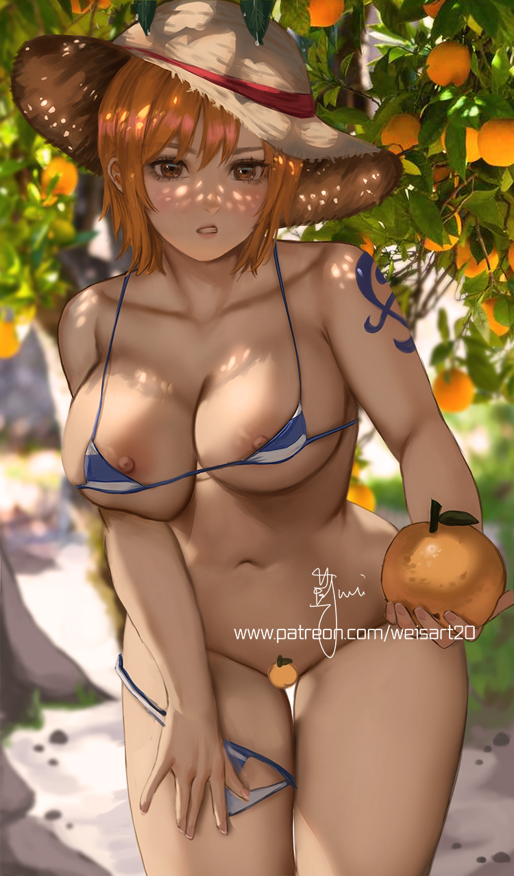 1girls bending_over big_breasts bikini censored_pussy curvaceous female female_only fruit holding_fruit nami nipple_slip one_piece orange_hair orchard panties_around_one_leg pre-timeskip short_hair solo tagme weisart young