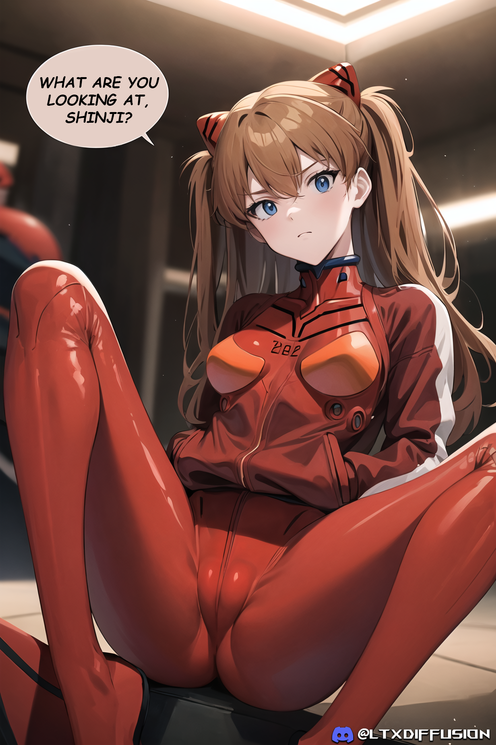 1girls ai_generated asuka_langley_sohryu blue_eyes bodysuit bodysuit_under_clothes cameltoe female female_only jacket latex latex_bodysuit long_hair looking_at_viewer ltxdiffusion neon_genesis_evangelion plugsuit skin_tight solo solo_female speech_bubble spread_legs stable_diffusion tight_clothing turtleneck