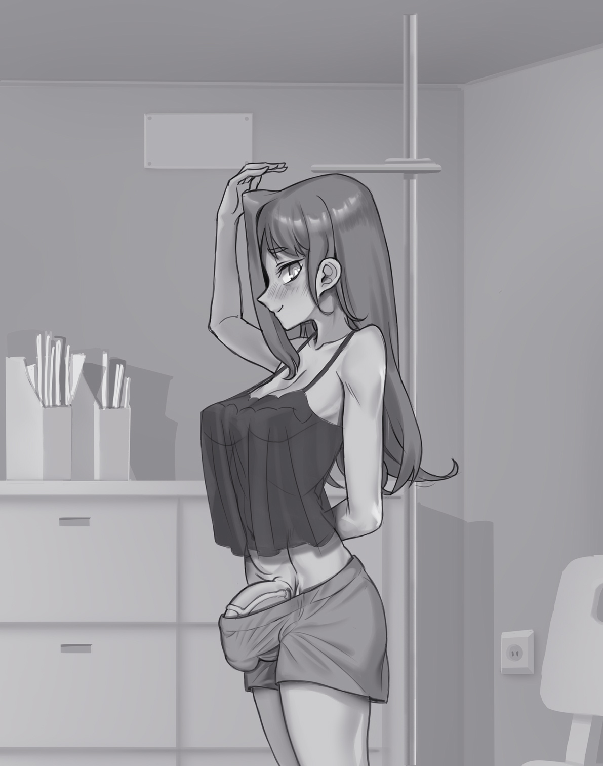 1futa, balls, big penis, blush, breasts, bulge, clothed, clothing, futa only, futanari, greyscale, human, intersex, looking at another, medium breasts, monochrome, mostly clothed, oc, original character, panzermeido, penis, penis peek, secunduspublius, side view, solo, solo futa, standing, young