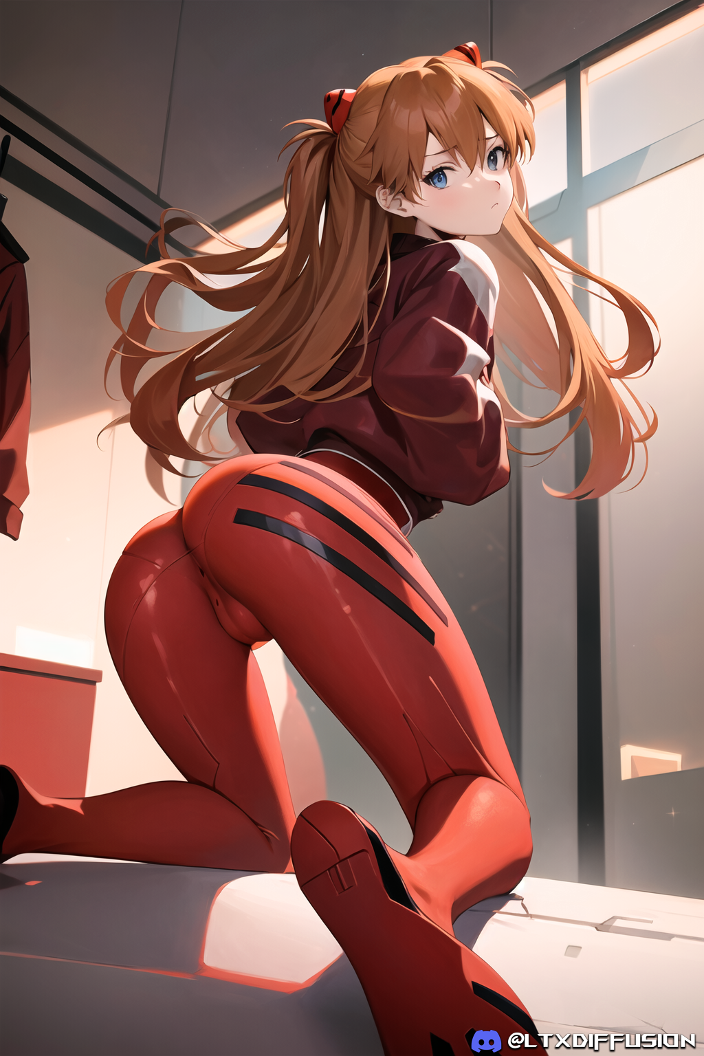 1girls ai_generated ass asuka_langley_sohryu blue_eyes bodysuit bodysuit_under_clothes cameltoe female female_only jacket latex latex_bodysuit long_hair looking_at_viewer ltxdiffusion neon_genesis_evangelion plugsuit skin_tight solo solo_female stable_diffusion tight_clothing