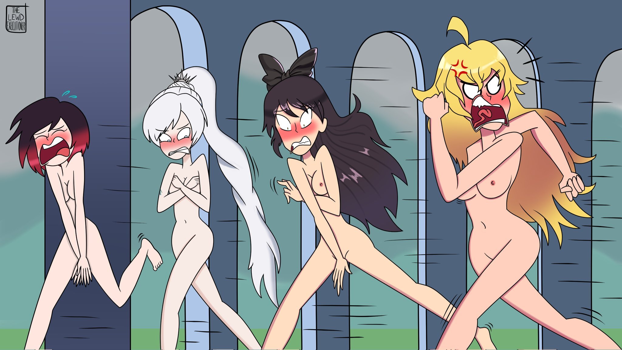 4girls, angry, barefoot, big breasts, black hair, blake belladonna, blush, breasts, clenched teeth, completely nude, covering, covering breasts, covering crotch, crying, embarrassed, embarrassed nude female, enf, feet, female, female only, funny, hair ornament, hair ribbon, humiliation, light skin, light-skinned female, long hair, medium breasts, multiple females, multiple girls, naked, navel, nipples, nude, nude female, ponytail, public, public humiliation, public nudity, ruby rose, running, rwby, short hair, streaking, team rwby, thelewdexecutioner, two-tone hair, weiss schnee, white hair, yang xiao long, yellow hair