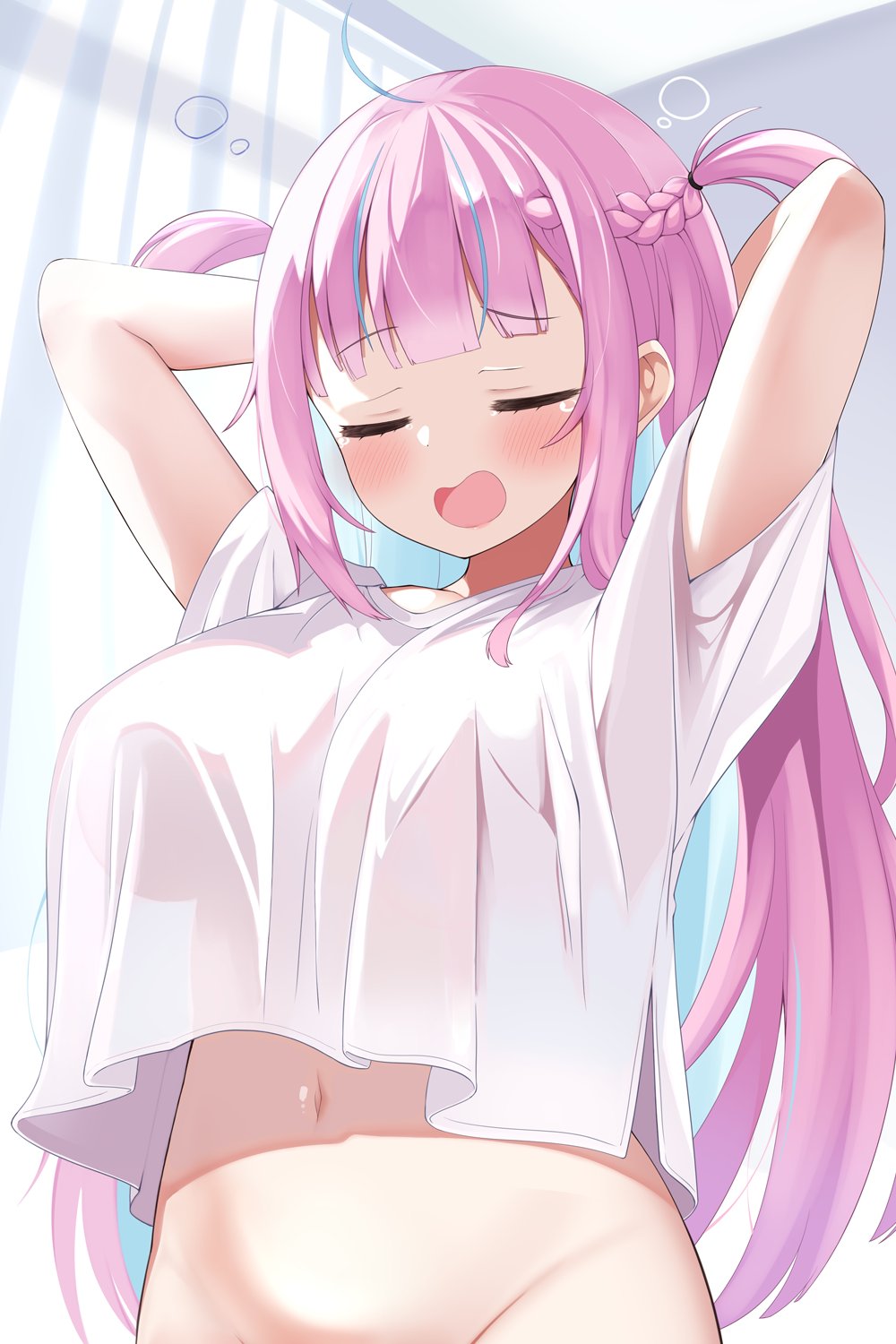 arms_behind_head blush bottomless bubble closed_eyes covered_breasts cute hololive hololive_gen_2 hololive_japan huge_breasts minato_aqua navel no_panties open_mouth sleepy virtual_youtuber white_shirt yawn yawning