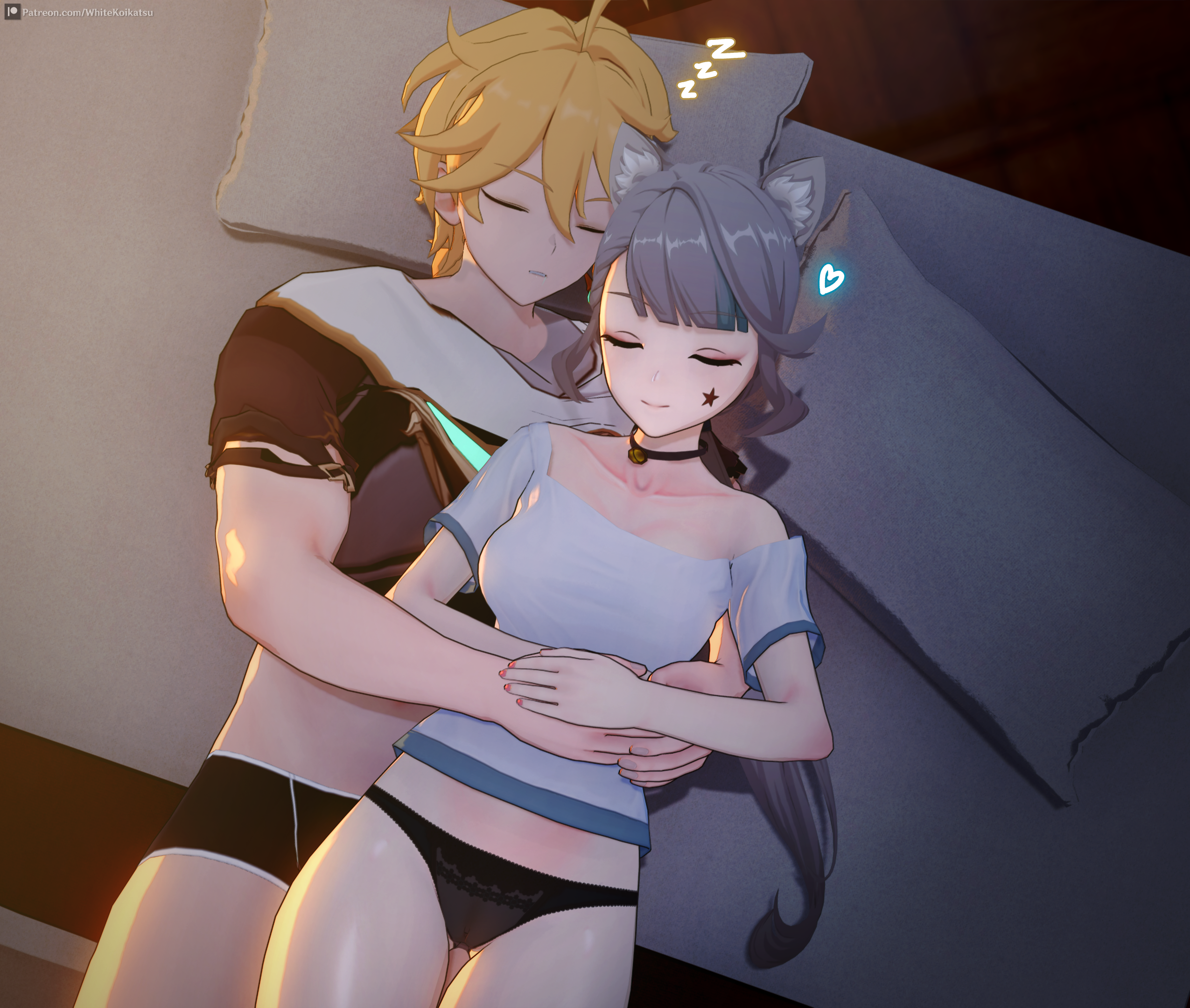1boy, 1girls, 3d, aether (genshin impact), after sex, bed, bedroom, blonde hair, cat ears, cat girl, cat tail, catgirl, embrace, female, genshin impact, holding, hugging, koikatsu, long hair, lynette (genshin impact), male, male/female, mihoyo, panties, romantic, sleeping, straight, thick thighs, underwear, white (artist), wholesome