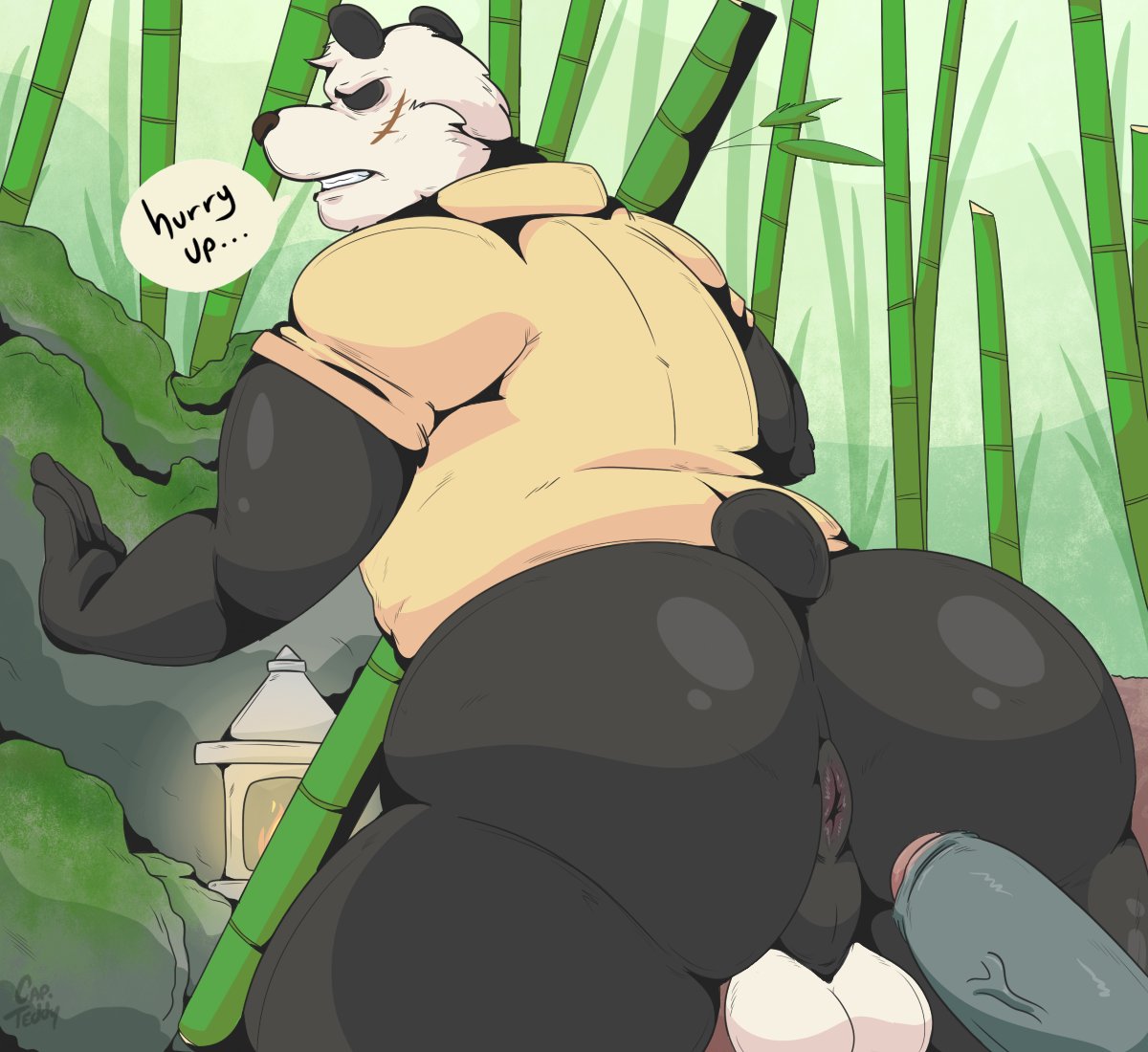 2020 annoyed anthro anus artist_name ass backsack balls bamboo bear beastars big_butt biped black_body black_fur bottomless bottomless_anthro bottomless_male clenched_teeth clothed clothing colored day detailed_background dialogue duo english_text erection fingers fire foreskin fur gay gay_sex genitals giant_panda glans gouhin gouhin_(beastars) head_turned humanoid_genitalia humanoid_hands humanoid_penis imminent_anal interspecies leaning leaning_forward legoshi_(beastars) looking_at_viewer looking_back male male/male mammal mostly_offscreen_character multicolored_body multicolored_fur open_mouth outside partially_clothed_anthro partially_clothed_male penis perineum presenting presenting_anus presenting_balls presenting_hindquarters rear_view rock scar short_tail speech_bubble standing tail talking_to_another tan_clothing tan_shirt tan_topwear teeth text thecaptainteddy thick_thighs topwear two_tone_body two_tone_fur vein veiny_penis white_body white_fur