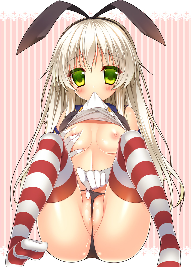 1girls black_panties blonde_hair blush breasts cameltoe elbow_gloves female gloves green_eyes kantai_collection long_hair looking_at_viewer micro_panties minatsuki_alumi mouth_hold nipples panties panty_lift panty_pull partially_visible_vulva pussy pussy_juice pussy_juice_drip self_fondle shimakaze_(kantai_collection) shirt_lift solo spread_legs string_panties striped striped_legwear striped_thighhighs thighhighs thong underwear wedgie