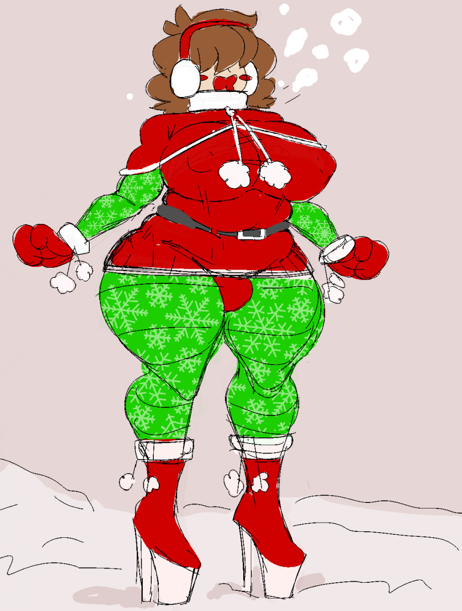 1futa bangs bangs_over_eyes bimbo brown_hair bulge christmas christmas_outfit clothed clothing doodle_will dress eyes_covered fully_clothed futa_only futanari high_heels huge_breasts light-skinned_futanari light_skin mittens original_character pants platform_heels solo thick_thighs voluptuous voluptuous_futanari