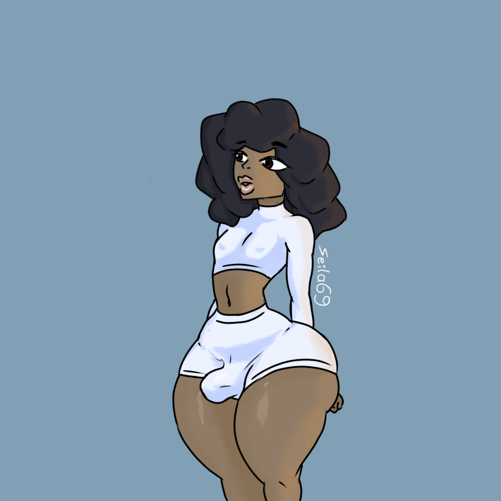 1boy big_ass bimbo_lips black_hair bottom_heavy_femboy crop_top cropped_shirt dark-skinned_femboy dark-skinned_male dark_skin erection_under_clothes femboy girly huge_ass penis_bulge solo_male thick_thighs thighs thin_waist thunder_thighs