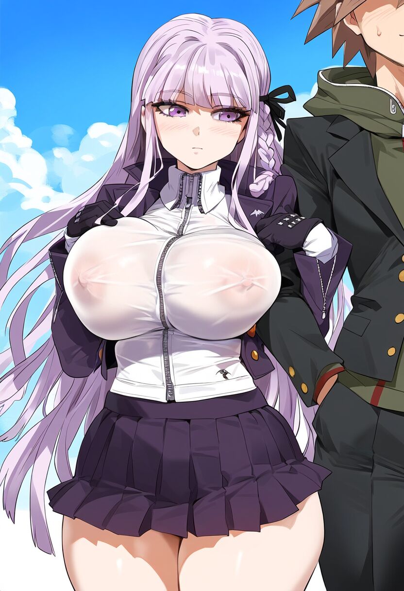 ai_generated arm_hug ass bangs breasts breasts_visible_through_clothing danganronpa danganronpa_(series) erect_nipples erect_nipples_under_clothes gloves jacket kirigiri_kyouko large_breasts long_hair miniskirt naegi_makoto nipples nipples_visible_through_clothing no_bra purple_hair school_uniform see-through skindentation tharkica