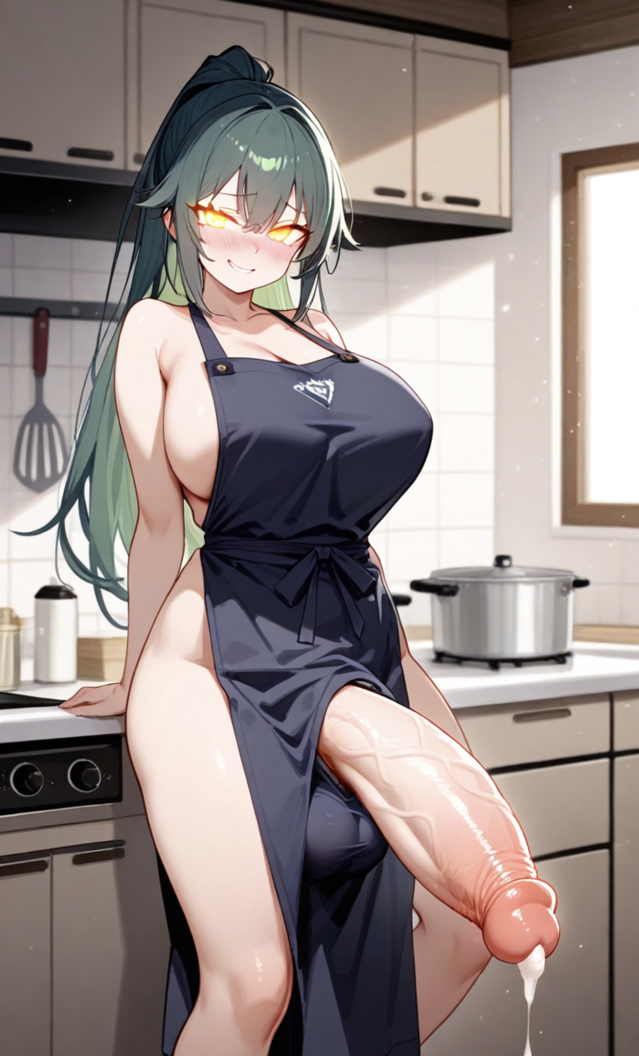 1futa, ai generated, apron, balls, big balls, breasts, cum, flaccid, futanari, green hair, huge breasts, huge cock, intersex, kitchen, penis, precum, sideboob, zynai