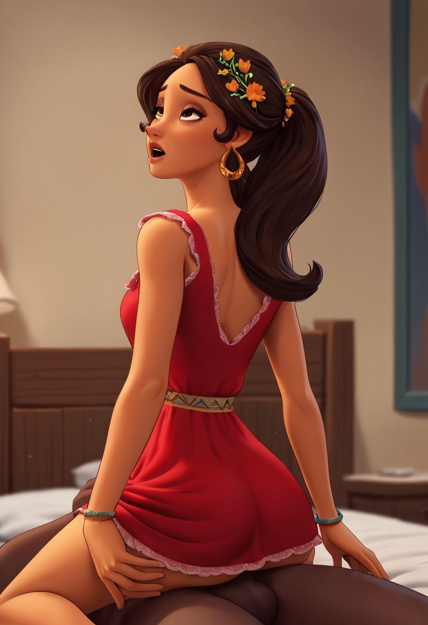 3d_(artwork) ai_generated ai_hands cowgirl_position dark-skinned_female dark-skinned_male disney disney_princess elena_castillo_flores elena_of_avalor nightgown princess_elena unknown_artist vaginal_penetration