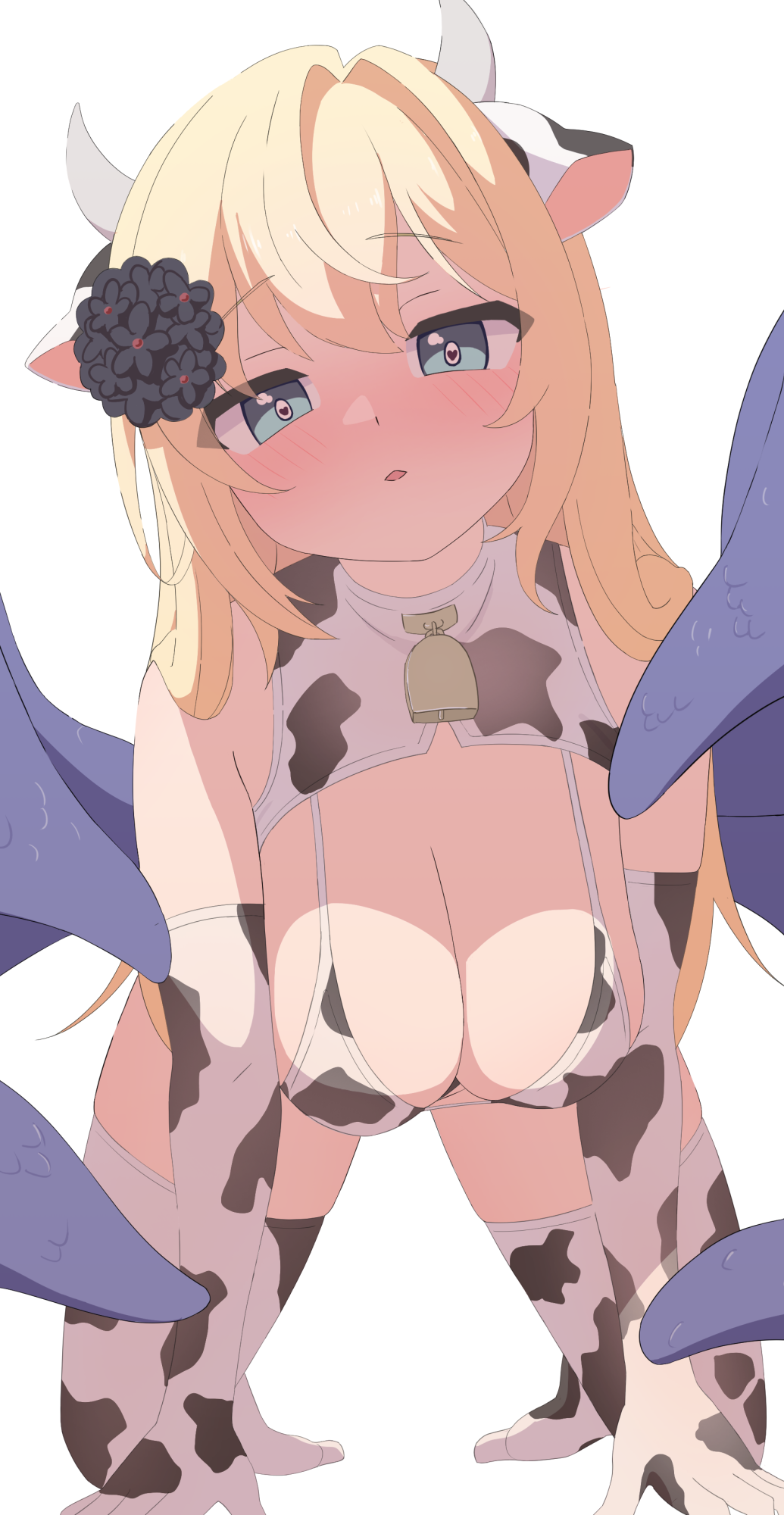 all_fours altea_aquila_(jain_no_ikenie) animal_print bikini blonde_hair blue_eyes breasts cleavage cow_print cow_print_bikini elbow_gloves female flower gloves hair_flower hair_ornament hanging_breasts highres jain_no_ikenie kumacy_0 large_breasts long_hair looking_at_viewer open_mouth pointy_breasts print_bikini sagging_breasts shaded_face socks swimsuit tentacle