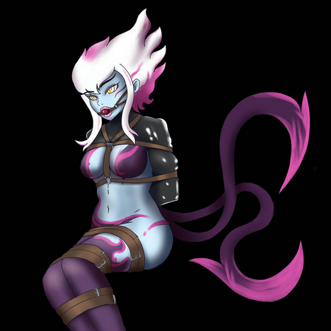 arms_behind_back ball_gag bondage bound_arms bound_legs evelynn gag gagged league_of_legends menchimenagerie