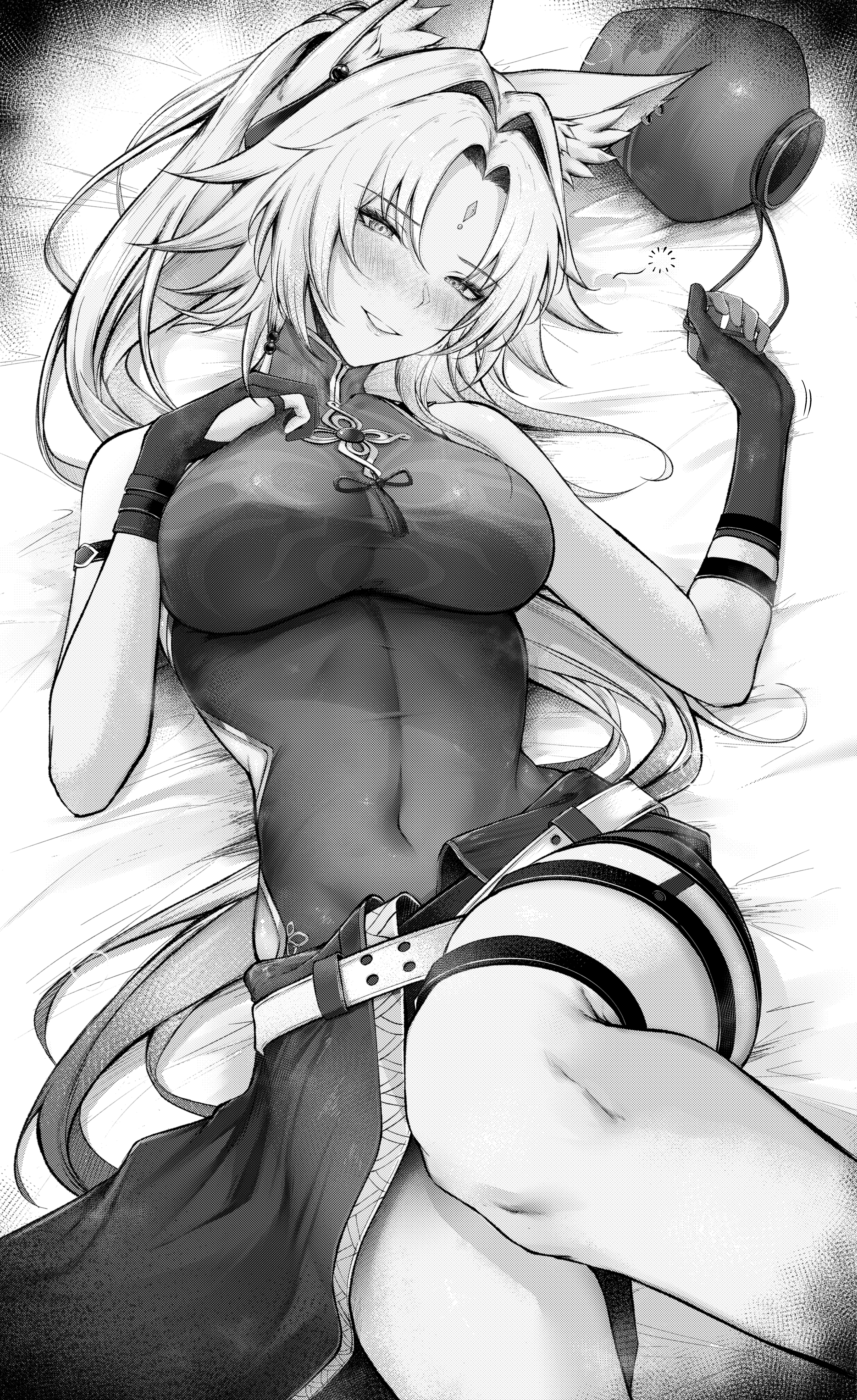 1girls, absurd res, absurdres, alcohol, animal ear fluff, animal ears, blush, breasts, clothed, drunk, feixiao (honkai: star rail), female, fox ears, fox girl, hi res, highres, honkai (series), honkai: star rail, iced tea u, long hair, looking at viewer, lying, lying on back, lying on bed, mihoyo, monochrome, smile, smiling, smiling at viewer, solo, solo female