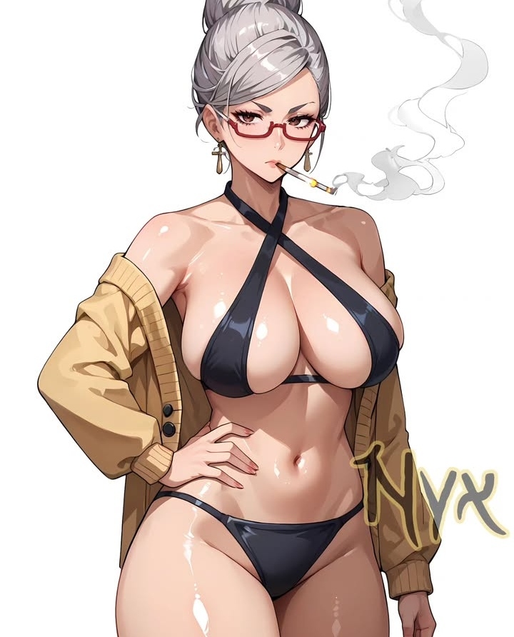 ai_generated artist_request ayase_seiko big_breasts bikini black_bikini black_panties cigarette cross_earrings curvaceous curvy dandadan earrings female gilf glasses gmilf grandmother huge_breasts instagram_link jacket light-skinned_female mature_female nyxanimeart oiled oiled_body oiled_skin open_jacket sling_bikini smoking solo voluptuous white_hair