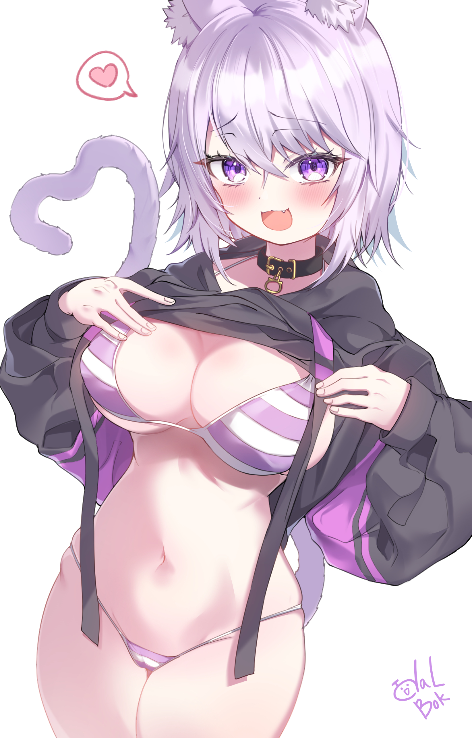 :3, 1girls, blush, cat ears, cat girl, cat tail, catgirl, collar, cute fang, fang, female, heart, hololive, hololive gamers, hololive japan, hoodie, hoodie lift, nekomata okayu, partially clothed, presenting, purple eyes, purple hair, short hair, solo, solo female, striped underwear, tail, todalbok, underwear, virtual youtuber