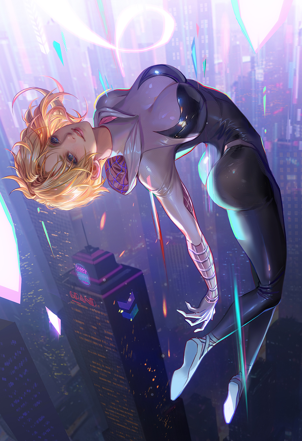 arched_back ass black_bodysuit blonde_hair blue_eyes bodysuit breasts building city cityscape cleavage commentary english_commentary fan_yang fan_yang_(jiuge) female grin gwen_stacy highres hood hooded_bodysuit jiuge large_breasts looking_at_viewer marvel marvel_comics multicolored_bodysuit multicolored_clothes print_bodysuit red_bodysuit short_hair skin_tight skyscraper smile solo spider-gwen spider-man:_across_the_spider-verse spider-man_(series) spider-verse superhero_costume white_bodysuit